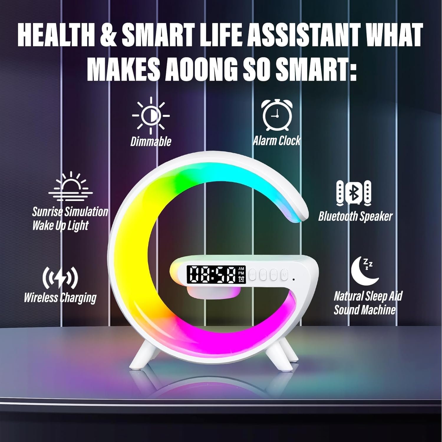 Настільна лампа LED Приліжкова Діммована Зарядка Будильник Bluetooth-динамік G-Type Атмосферна USB A, фото №2