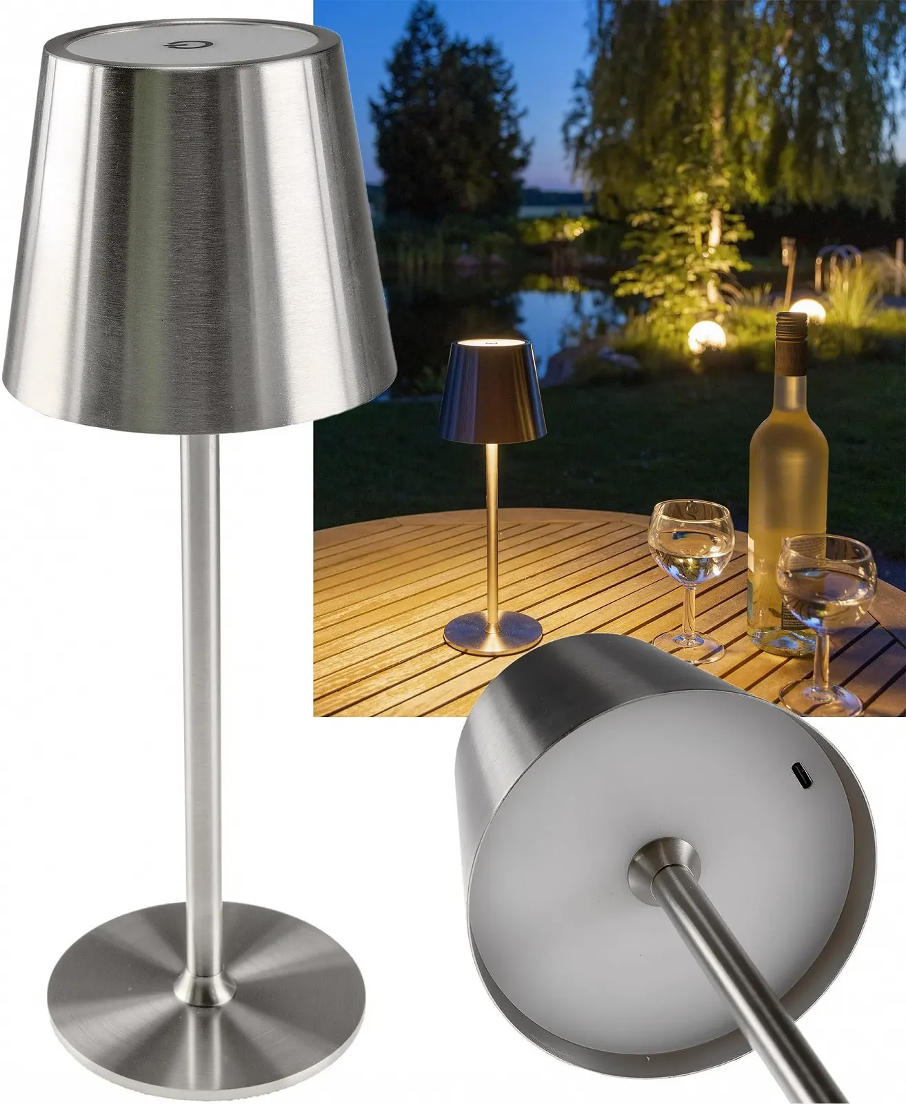 Настольная лампа ChiliTec 30 см Аккумуляторная LED IP44 Теплая белая Серебристая, фото №7