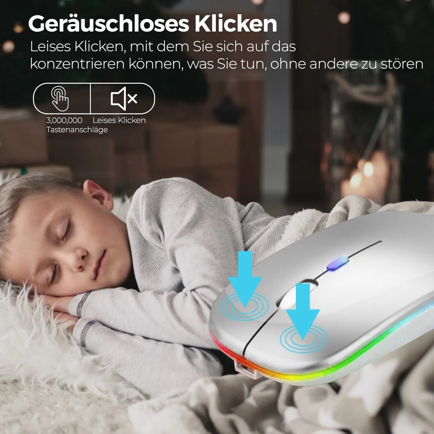 Мышь беспроводная GLOBAL TECH, LED, аккумуляторная, тихая, тонкая, USB 2.4G, серебристая, фото №4