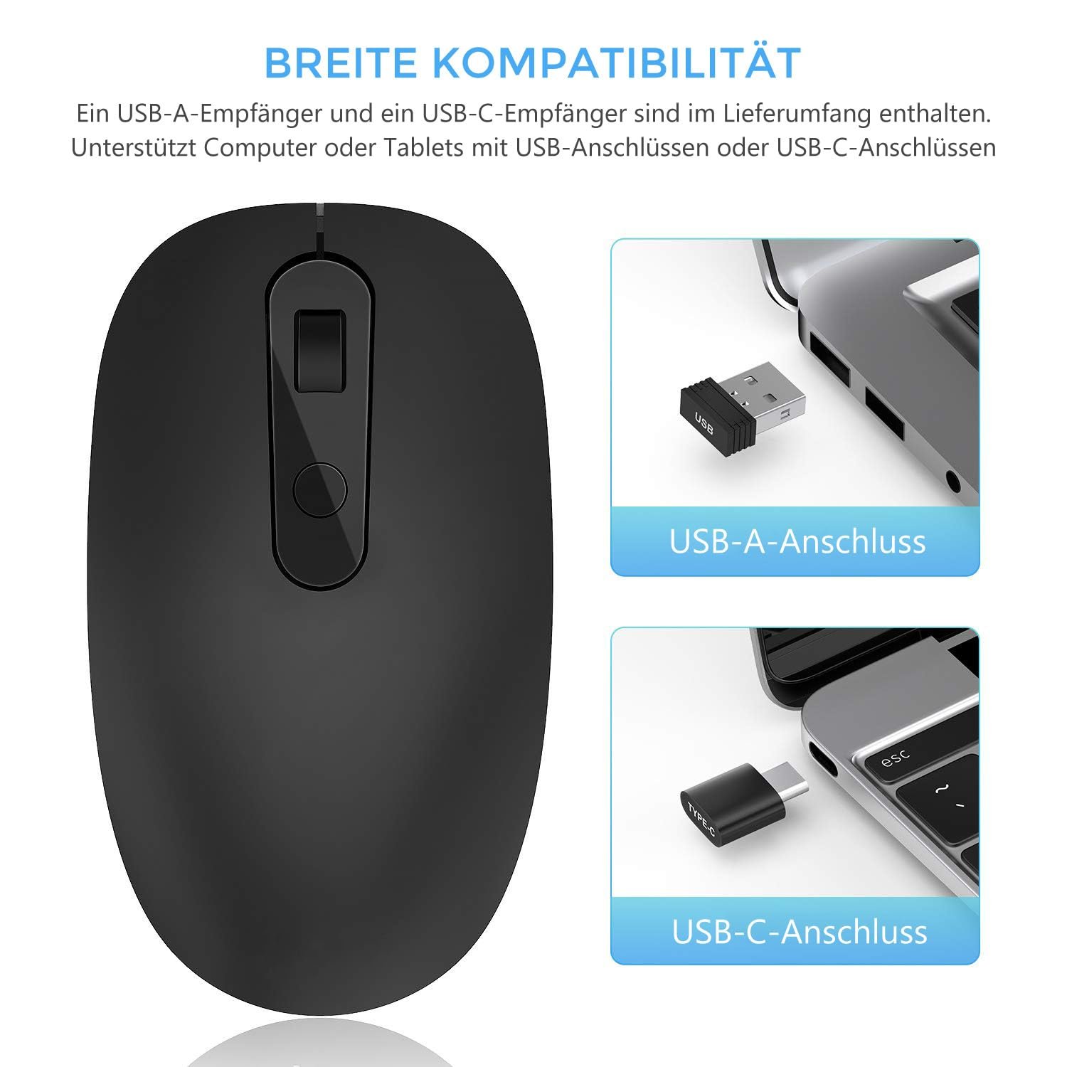 Мышь Seenda USB C Беспроводная 2.4 GHz Беспроводная мышь 2 в 1 с USB и Type-C Ресивером, Тихая Type C Беспроводная мышь DPI 2400 для MacBook, Планшета, Компьютера, Ноутбука и Windows, Черная, фото №2