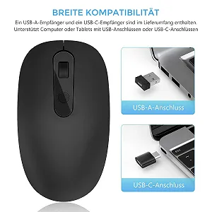 Мышь Seenda USB C Беспроводная 2.4 GHz Беспроводная мышь 2 в 1 с USB и Type-C Ресивером, Тихая Type C Беспроводная мышь DPI 2400 для MacBook, Планшета, Компьютера, Ноутбука и Windows, Черная synthetic.ua - Фото 1