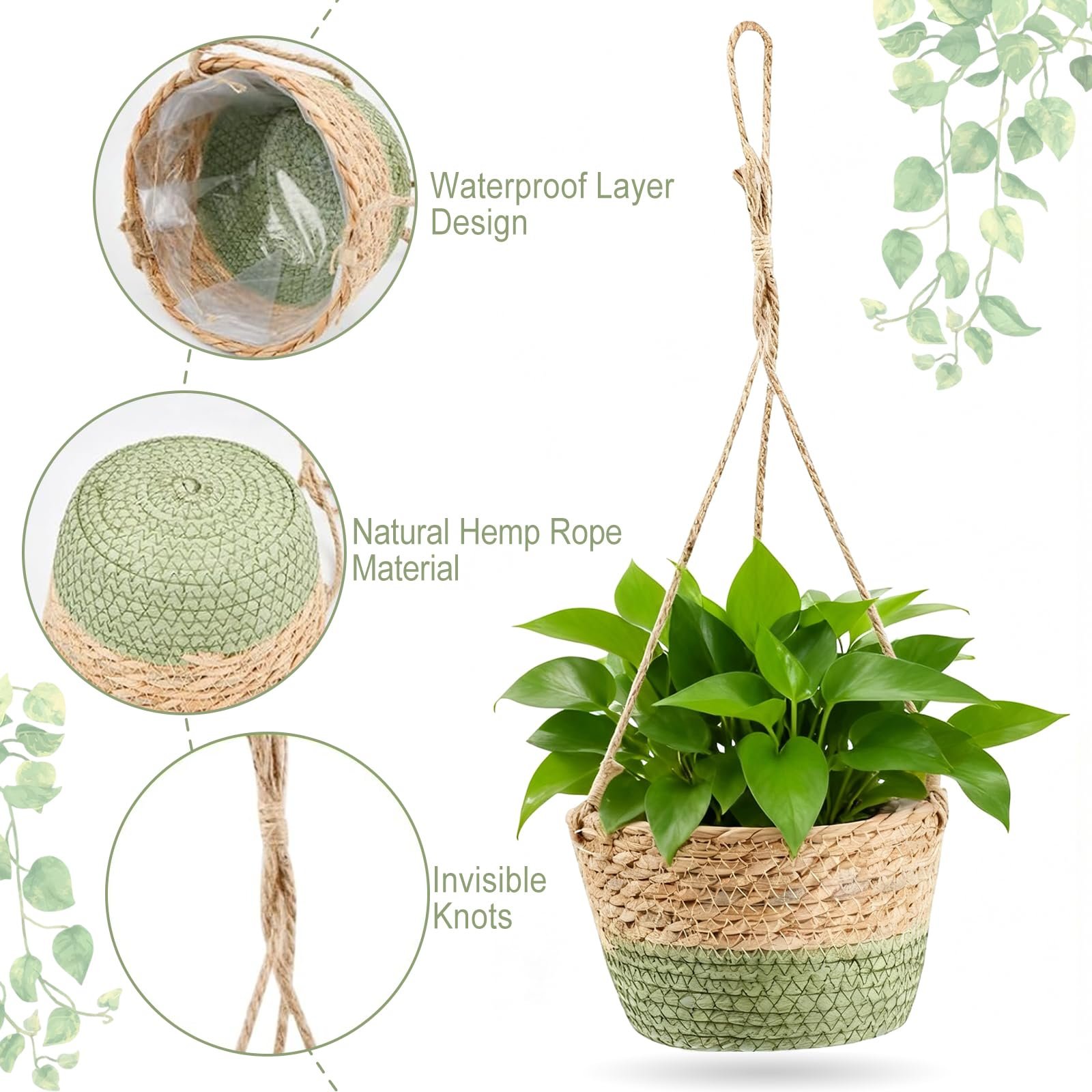 Підвісний кошик Seagrass макраме Набір 2 шт. Плетений з морської трави для рослин, фото №3 Підвісний кошик Seagrass макраме Набір 2 шт. Плетений з морської трави для рослин, фото №3