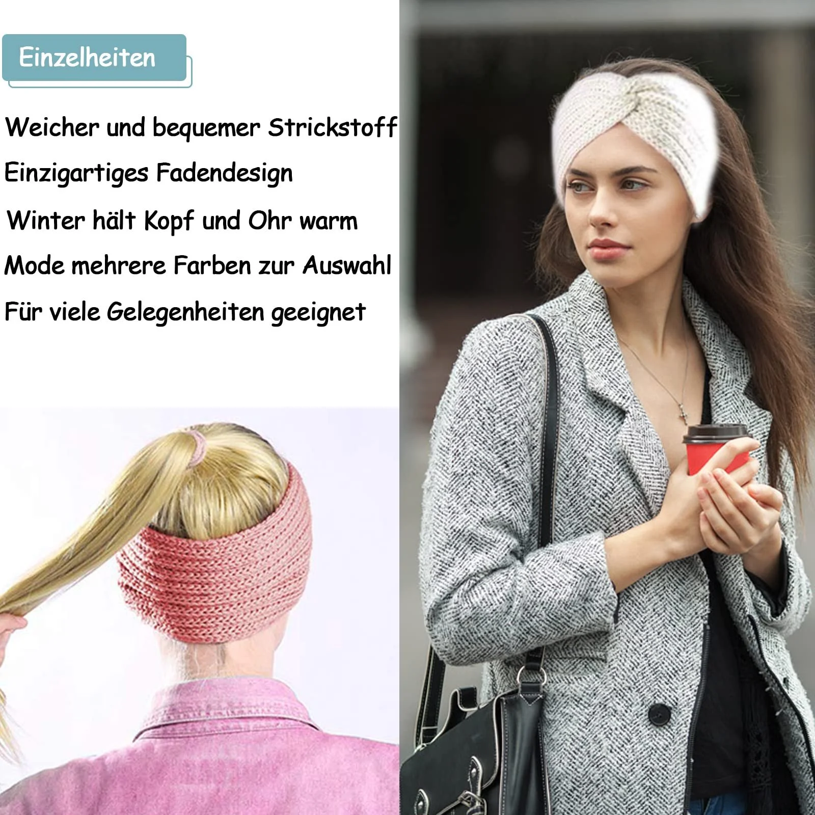 В'язана Зимова Пов'язка на Голову Beige + Grey + Pink, фото №5