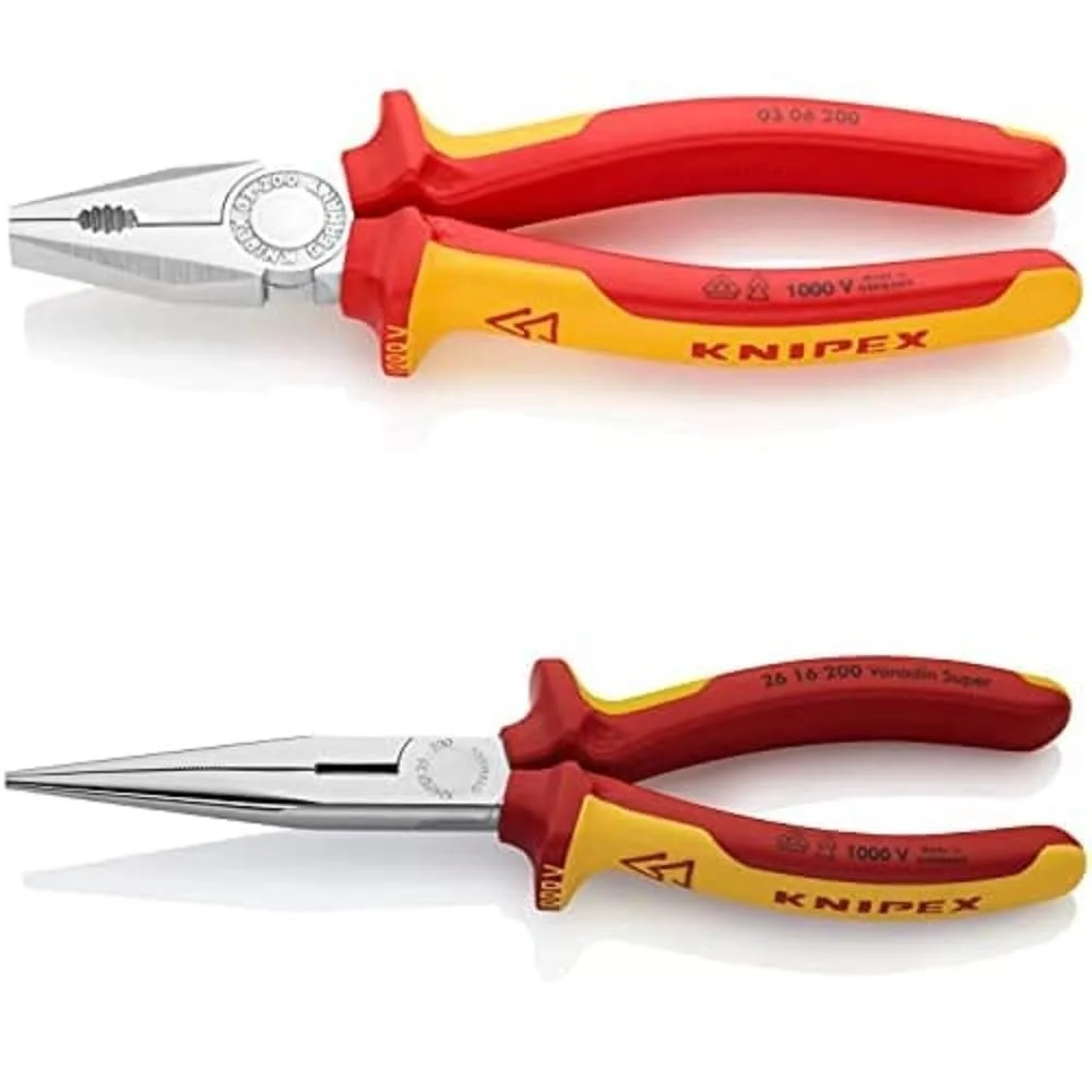 Плоскогубцы комбинированные KNIPEX 200 мм 03 06 200 + Длинногубцы KNIPEX с режущей кромкой (плоскогубцы «клюв аиста») 200 мм 26 16 200, хром-ванадиевая сталь, с многокомпонентными чехлами, VDE тестирование, фото №1