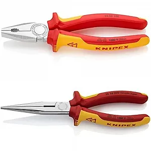 Плоскогубцы комбинированные KNIPEX 200 мм 03 06 200 + Длинногубцы KNIPEX с режущей кромкой (плоскогубцы «клюв аиста») 200 мм 26 16 200, хром-ванадиевая сталь, с многокомпонентными чехлами, VDE тестирование - Фото 1