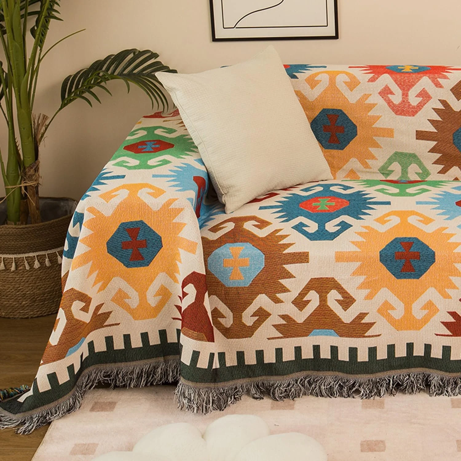 Плед у стилі бохо Czyminrout, плед для дивана з китицями, плед в етнічному стилі, фото №4