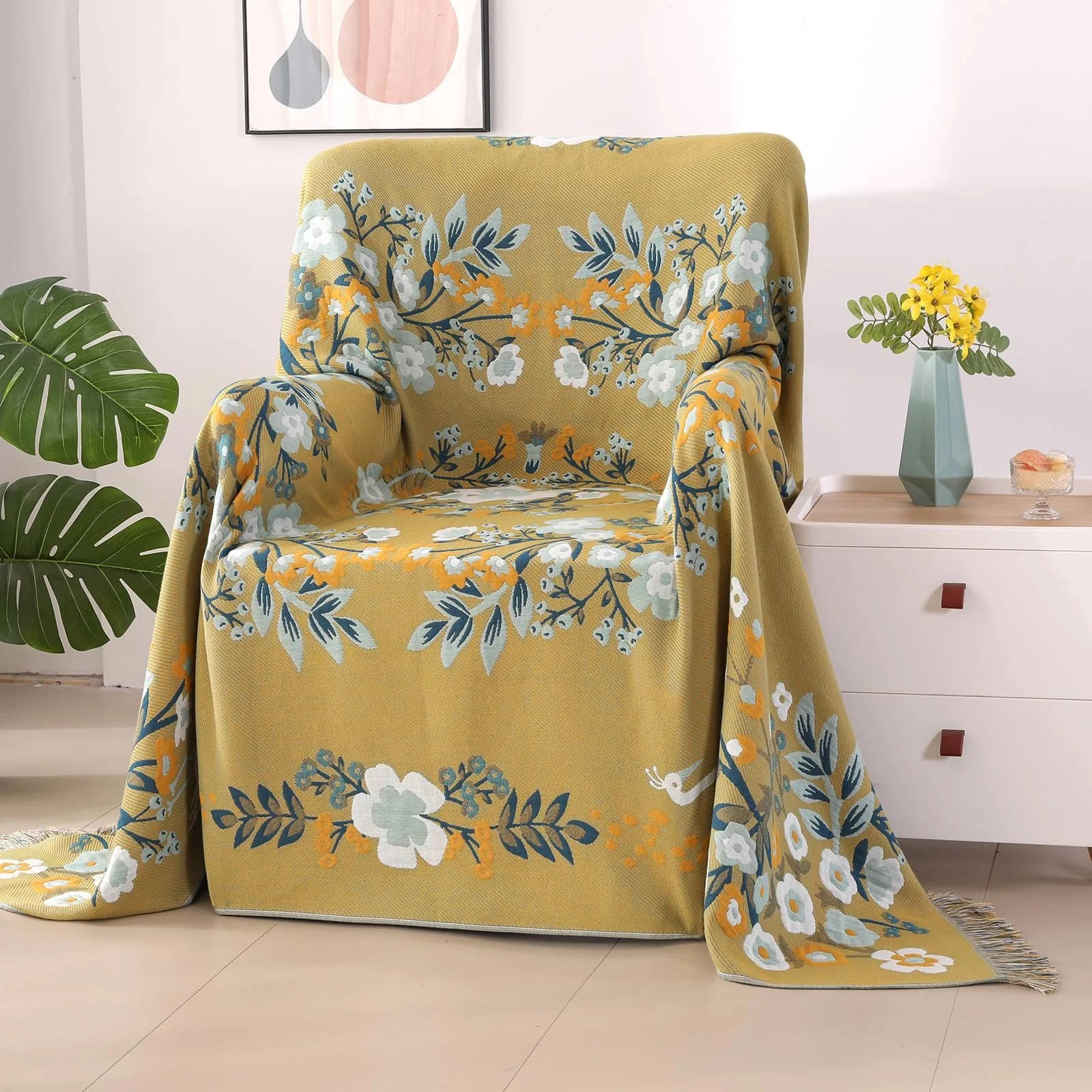 Покрывало двустороннее DECMAY Большое Богемное покрывало для дивана с кисточками 100% хлопок Оливково-зеленый 150x200см, фото №8