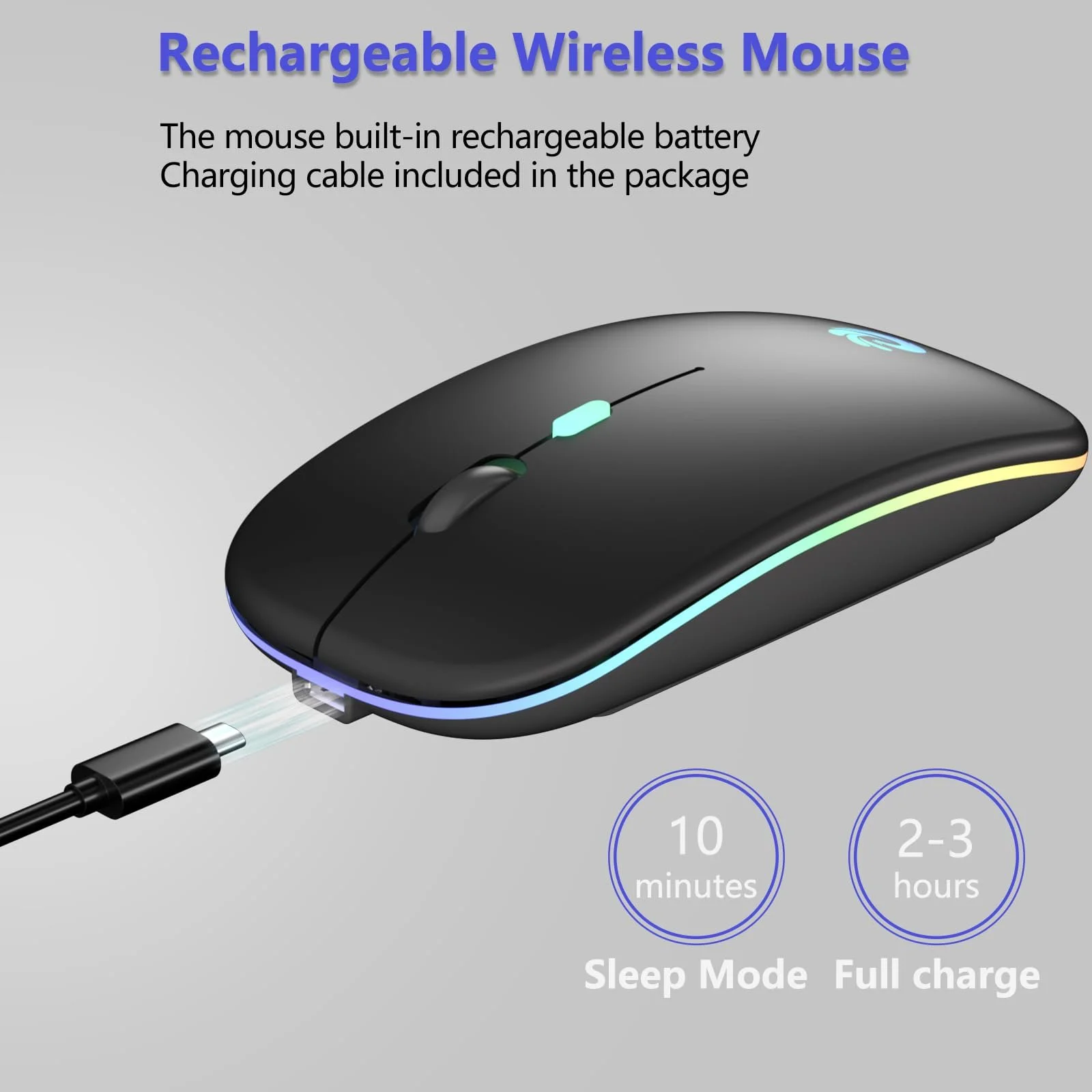 Мышь Беспроводная BQSS 2.4 GHz USB ресивер 1600 DPI оптическое отслеживание тихие нажатия перезаряжаемая LED черная, фото №2