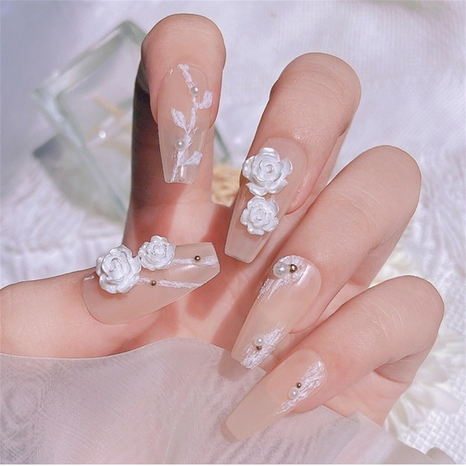 Камелія 200 шт, білі перламутрові, 3D квіти 6/8 мм для саморобного манікюру та педикюру, фото №4