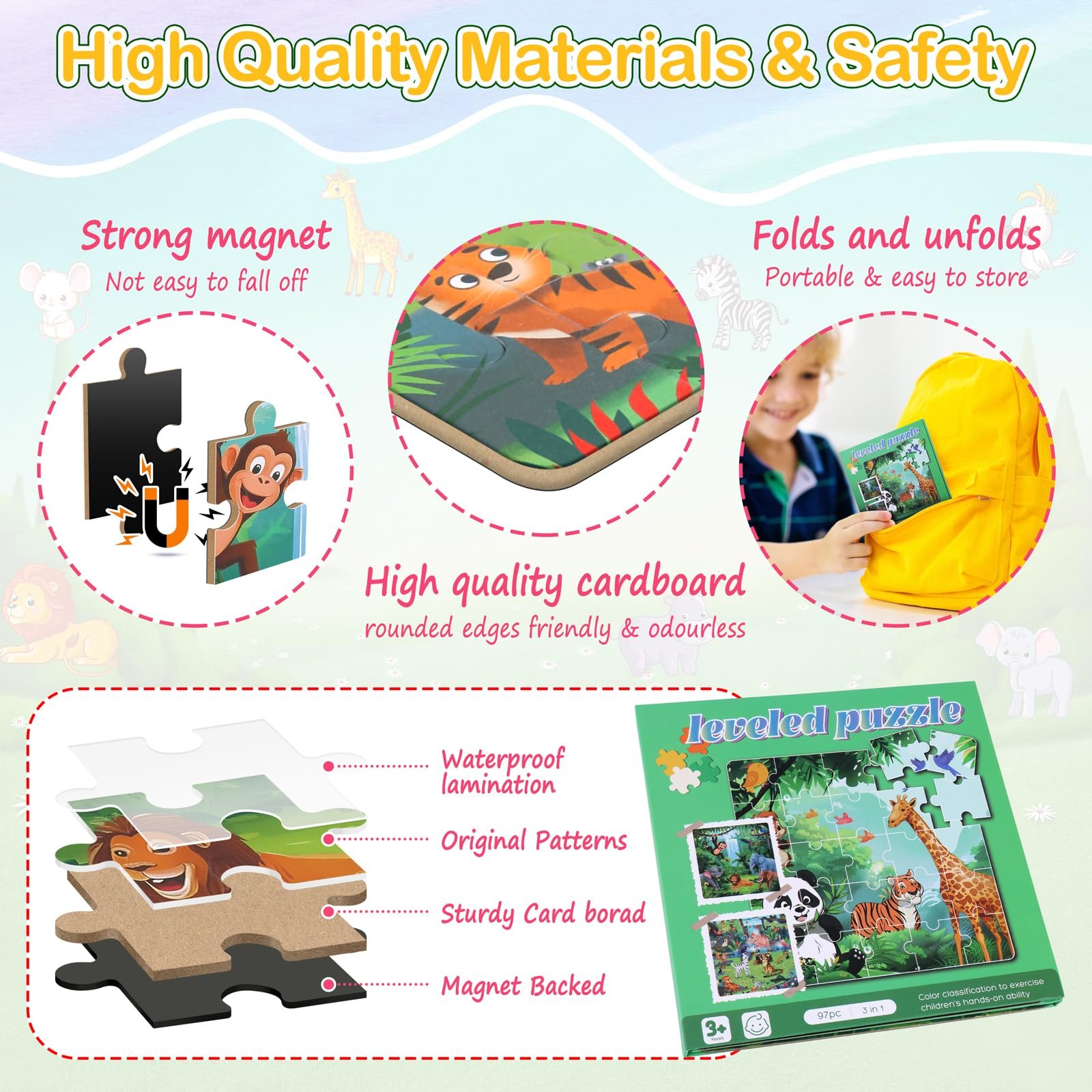 Магнитный пазл Животные 3-в-1 122 детали (25-30-42 элемента), фото №1