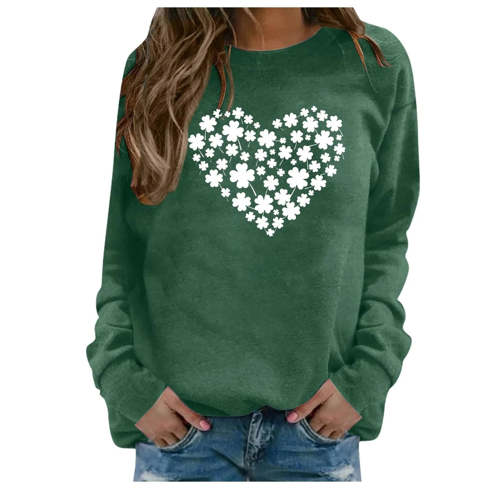 Женская футболка с длинным рукавом и принтом клевера ко Дню Святого Патрика, круглый вырез, клевер - счастливый талисман, повседневная женская толстовка ко Дню Святого Патрика, фото №1 Женская футболка с длинным рукавом и принтом клевера ко Дню Святого Патрика, круглый вырез, клевер - счастливый талисман, повседневная женская толстовка ко Дню Святого Патрика, фото №1