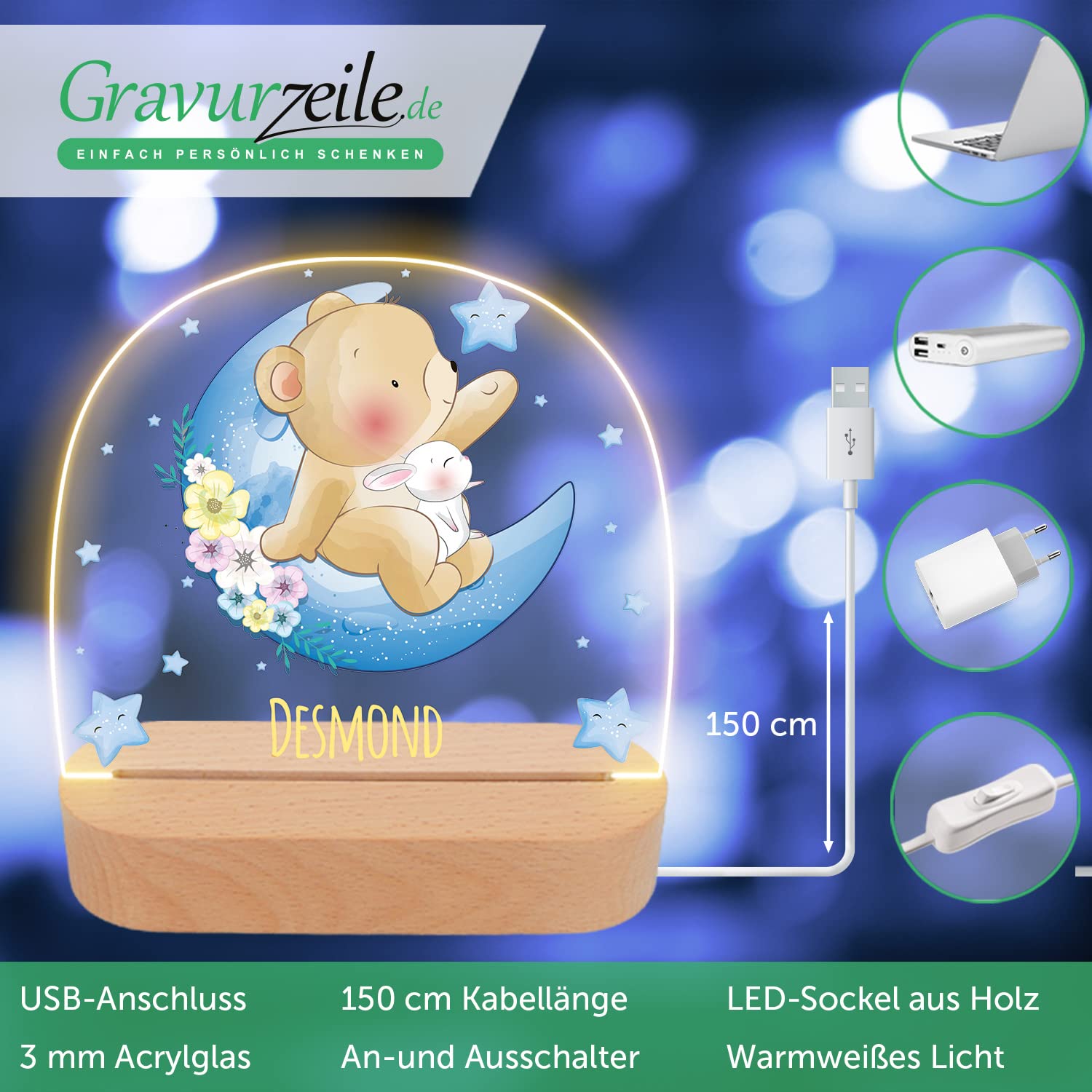 Нічник GRAVURZEILE Personalised для дітей LED Квітковий вінок Індивідуальний з ім'ям, фото №7 Нічник GRAVURZEILE Personalised для дітей LED Квітковий вінок Індивідуальний з ім'ям, фото №7