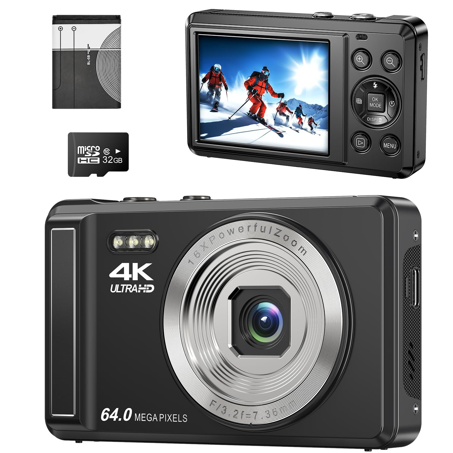 Цифровая Камера 4K FHD Vlogging Компактная Камера 64MP 16x Цифровой Зум, Перезаряжаемая 2.8" Мини Детская Камера Карта Памяти 32GB, фото №1