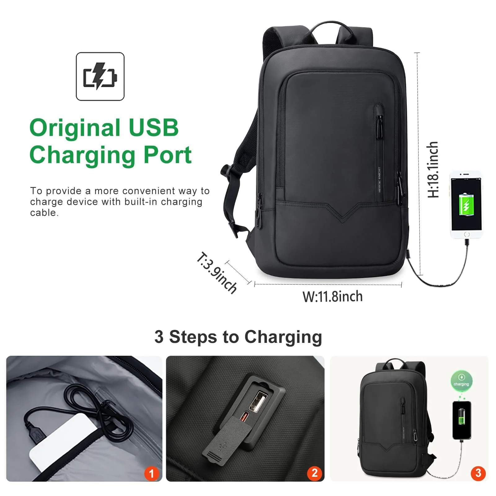 Рюкзак для ноутбука чоловічий легкий бізнес з USB-портом 17.3 дюйма водонепроникний Чорний, фото №3
