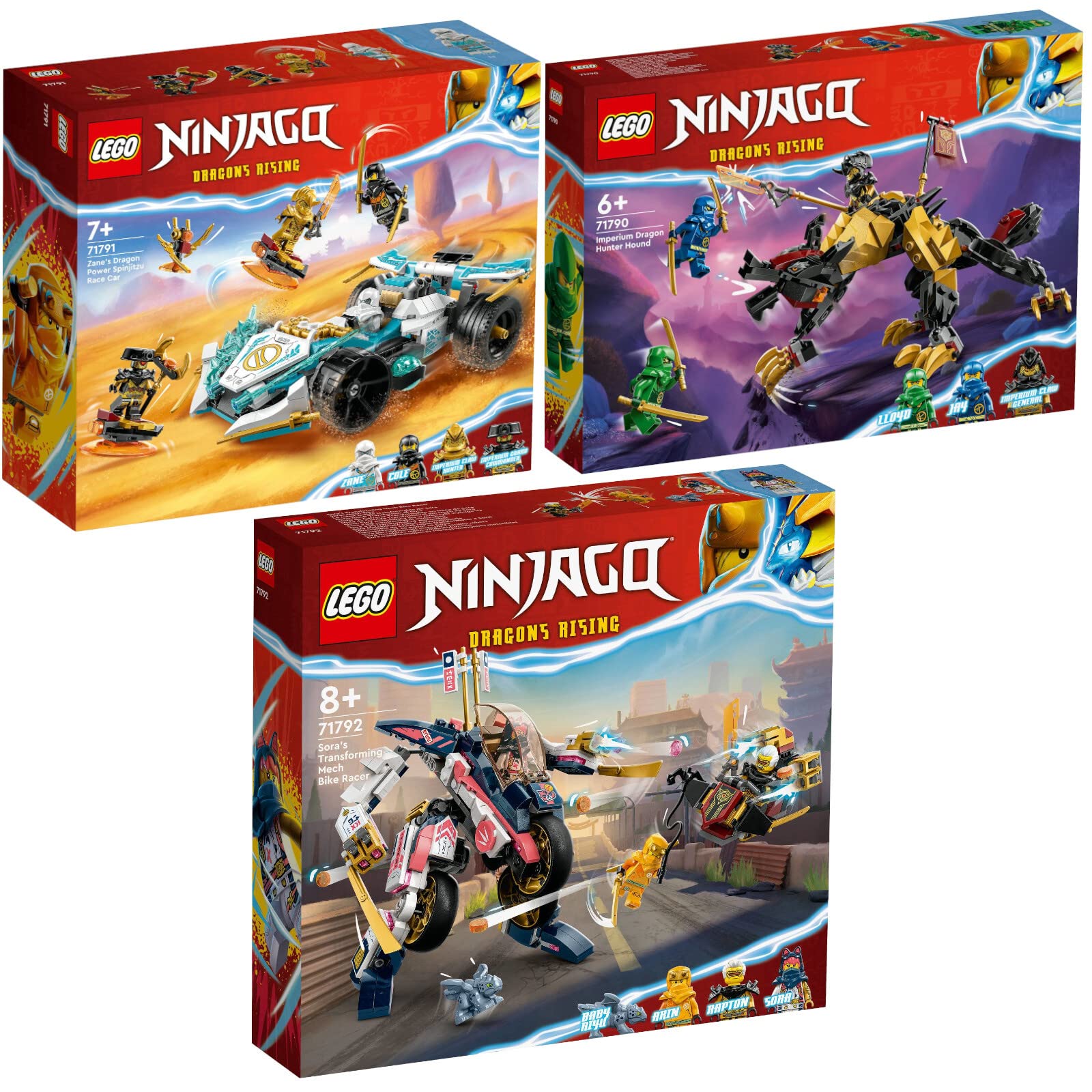 Набір Lego Ninjago з 3 частин: 71790 Imperial Dragon Hunter Hunting Dog, 71791 Zane's Dragon Power Spinjitzu Racing Car & 71792 Soras Mech Bike, фото №1