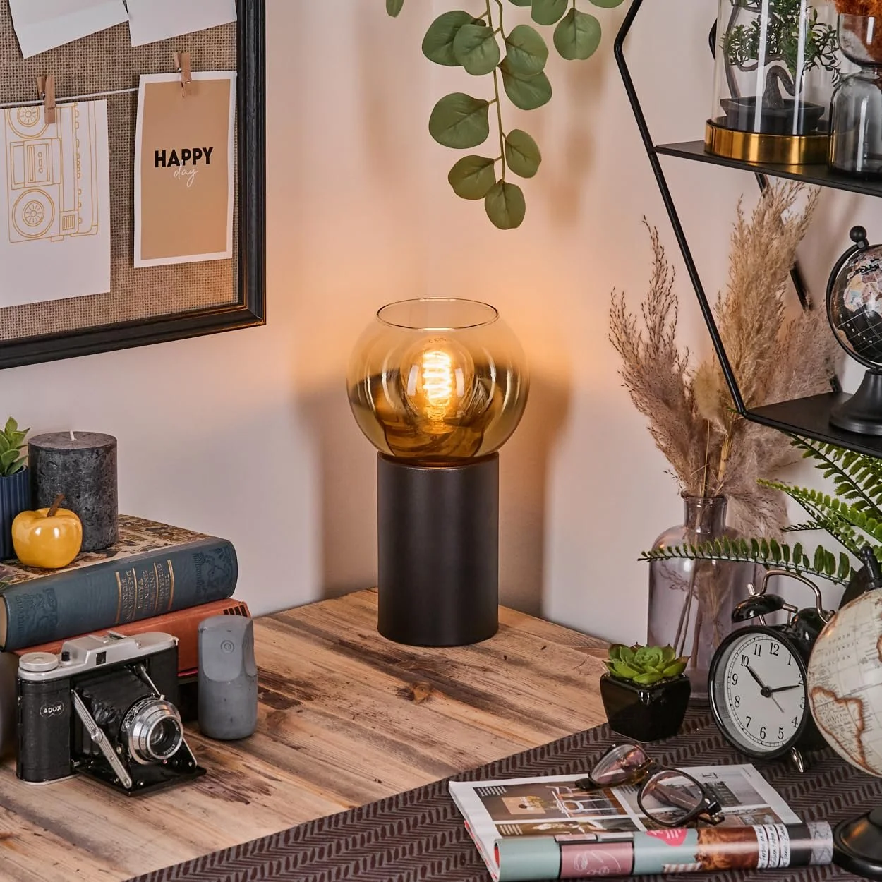 Настільна лампа HOFSTEIN Koyoto Металева Скляна Ретро/Вінтаж Діаметр 15 см E27 Чорна/Золотиста, фото №8