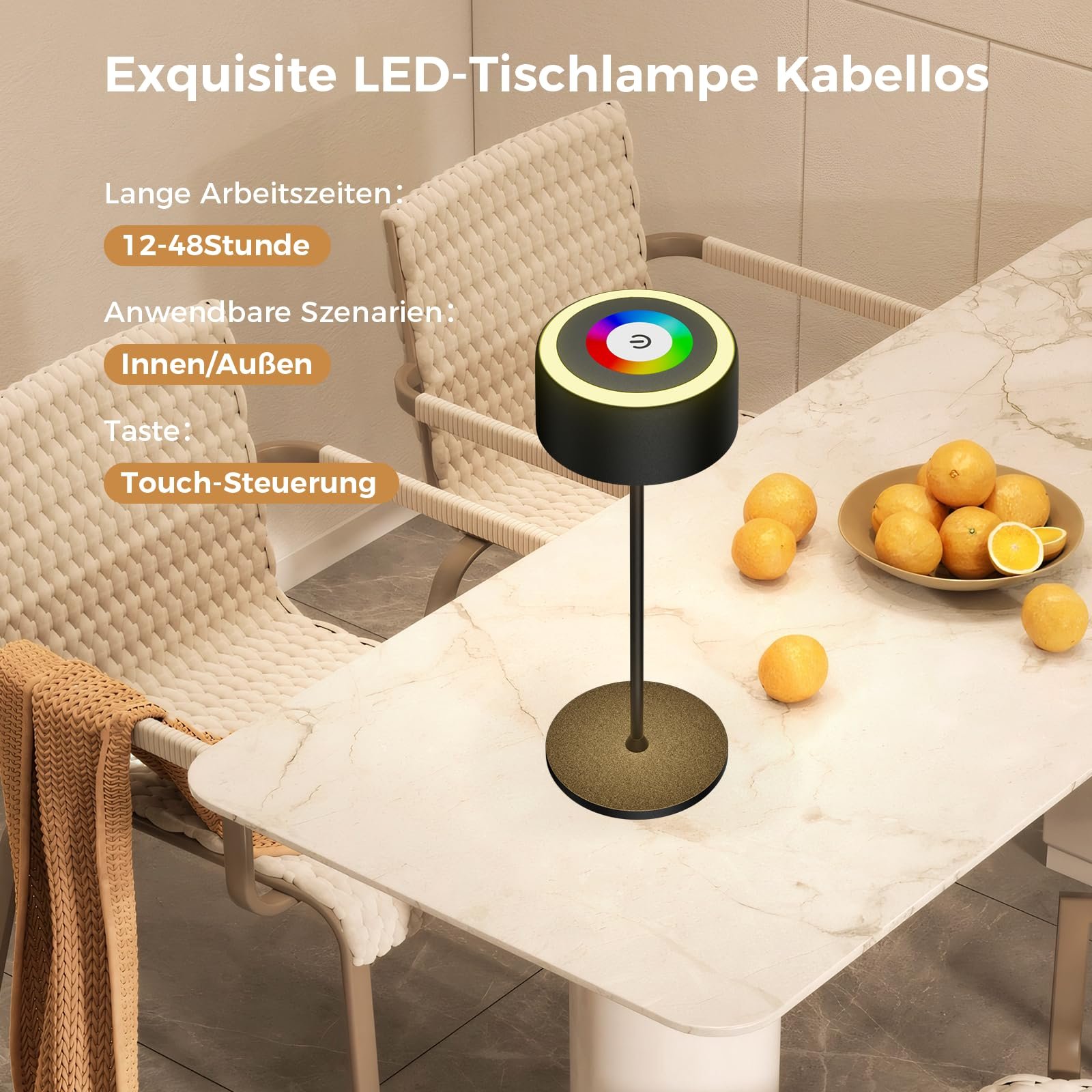 Настільна лампа TYEE бездротова світлодіодна акумуляторна, димована, 3000-6000K + RGB, USB-C, IP54, чорна, фото №5