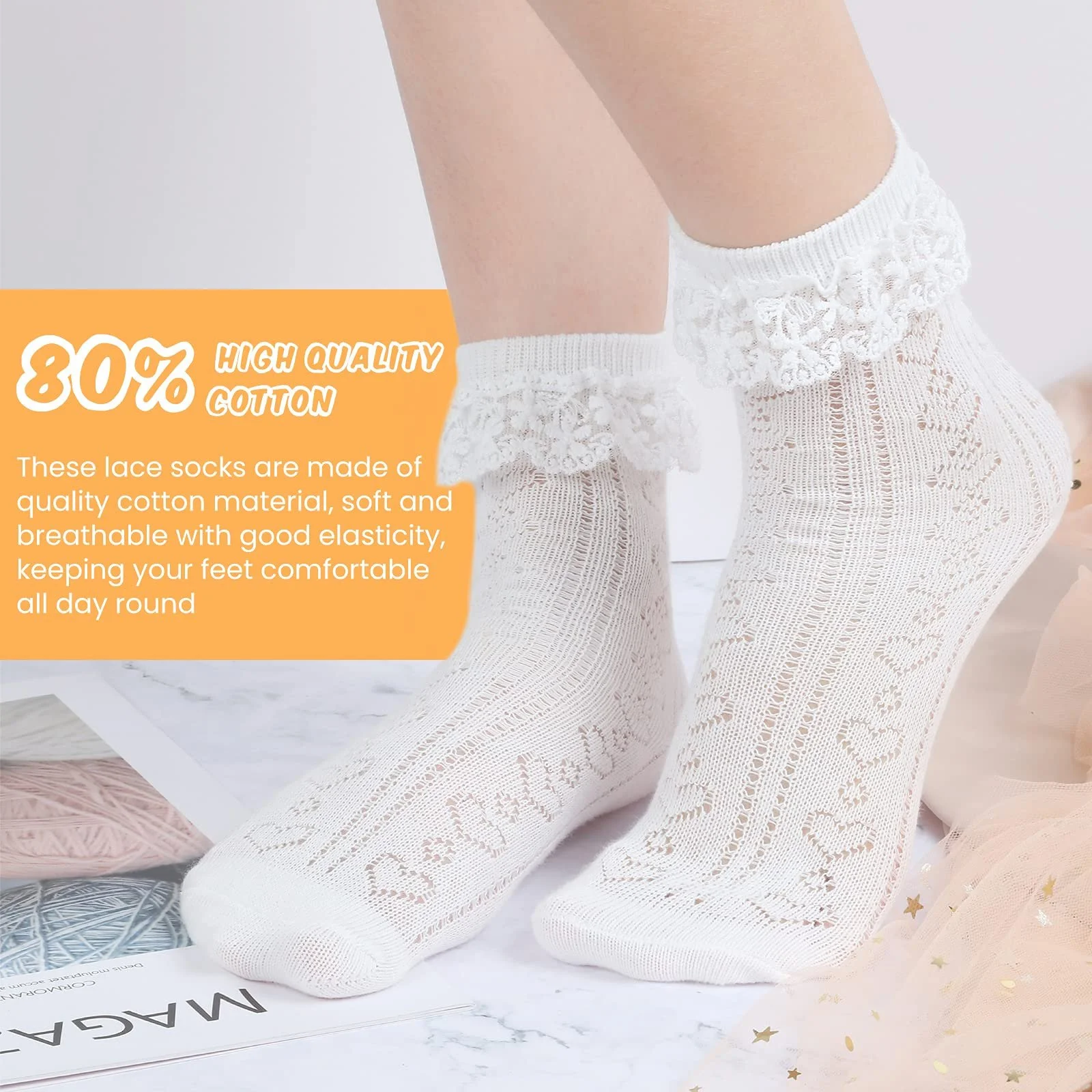 Носки Boyiee Кружевные белые гольфы с оборками, носки принцессы для женщин и девушек, фото №5
