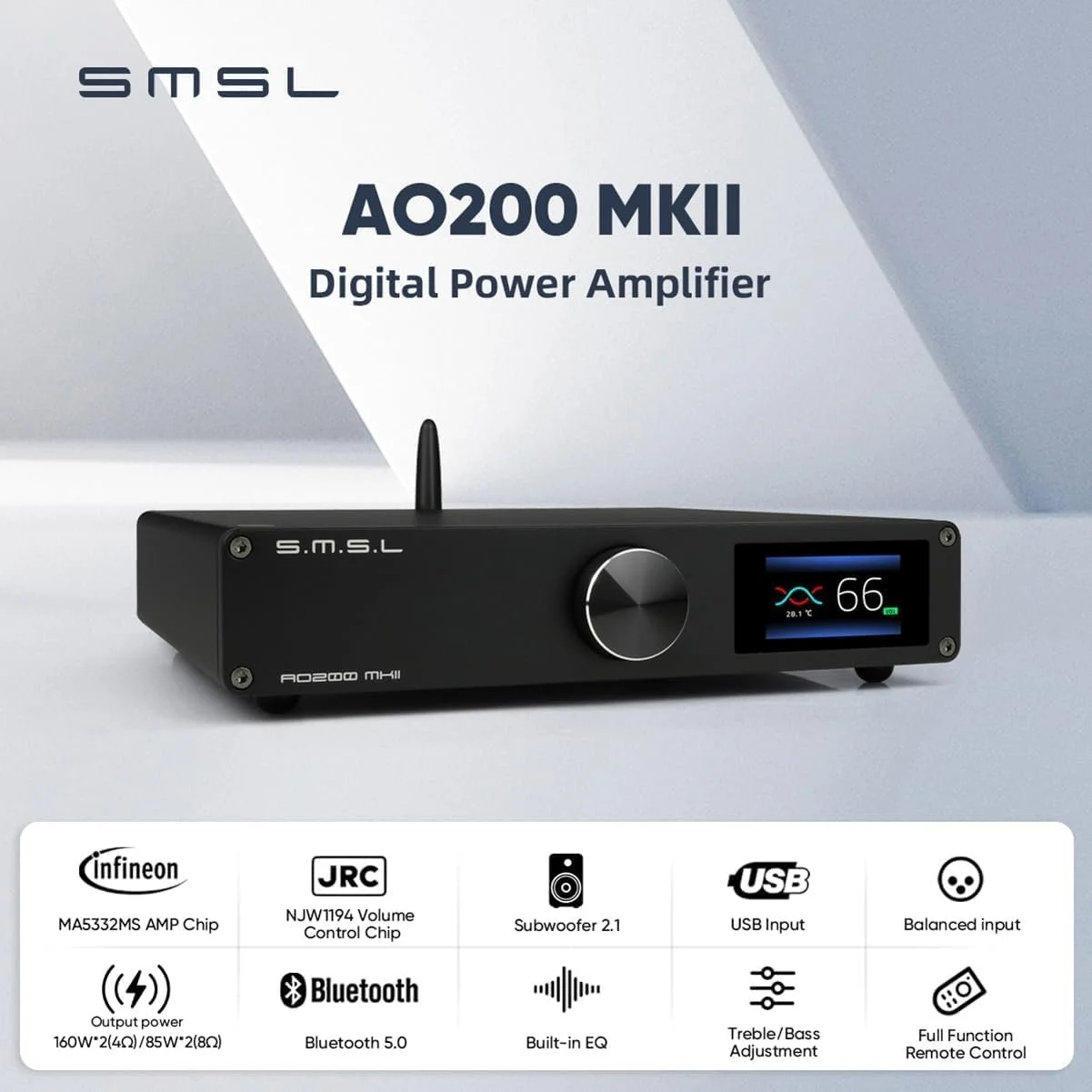 Усилитель класса D S.M.S.L AO200-MKII / 160 Вт x 2 (4 Ом) / XLR/RCA / BT 5.0 / 2.1 канал / Черный, фото №2 Усилитель класса D S.M.S.L AO200-MKII / 160 Вт x 2 (4 Ом) / XLR/RCA / BT 5.0 / 2.1 канал / Черный, фото №2