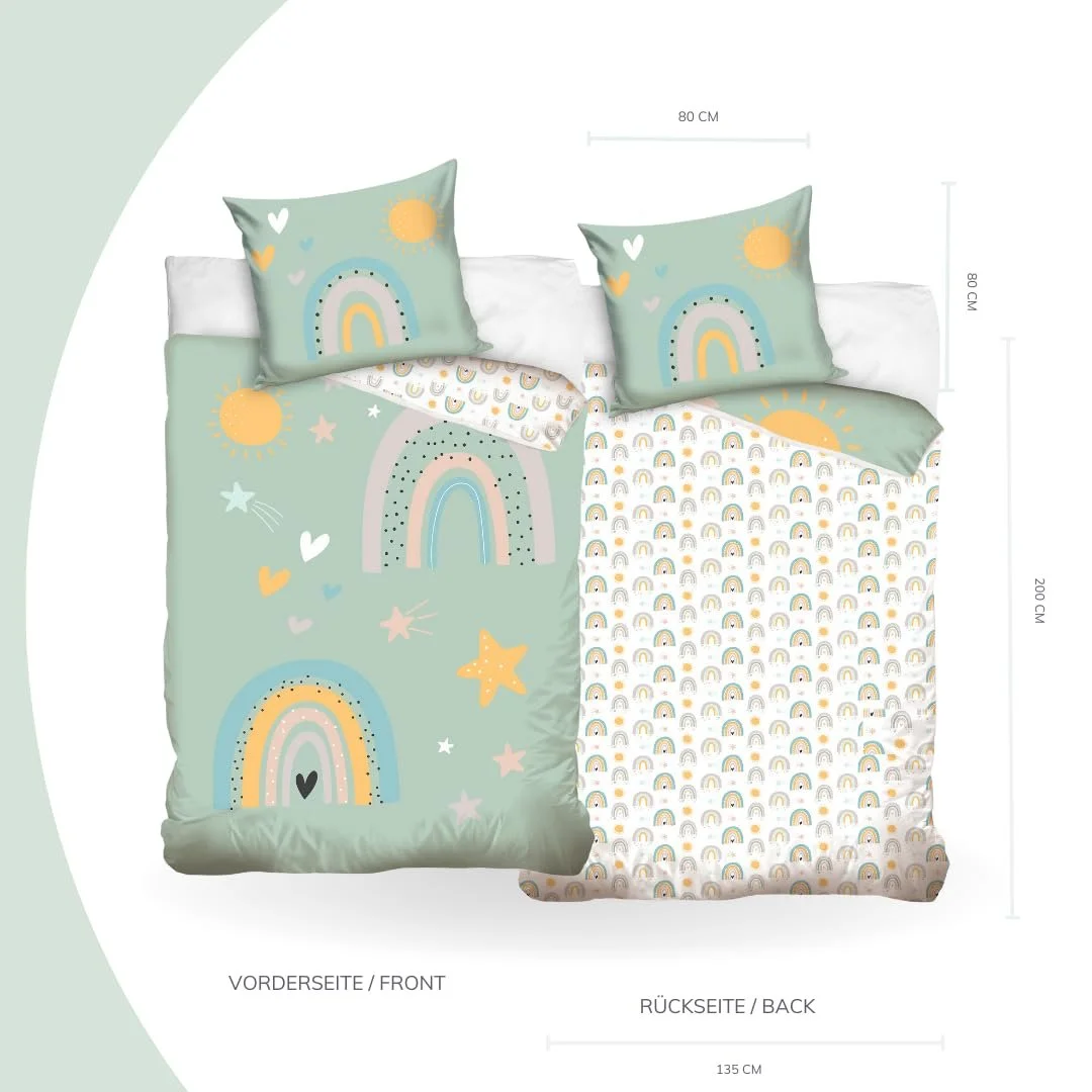 Дитяча Постільна Білизна MTOnlinehandel Райдуга, Сонце, Зірки 135 x 200 см, 80 x 80 см Бавовна з Блискавкою YKK, фото №3