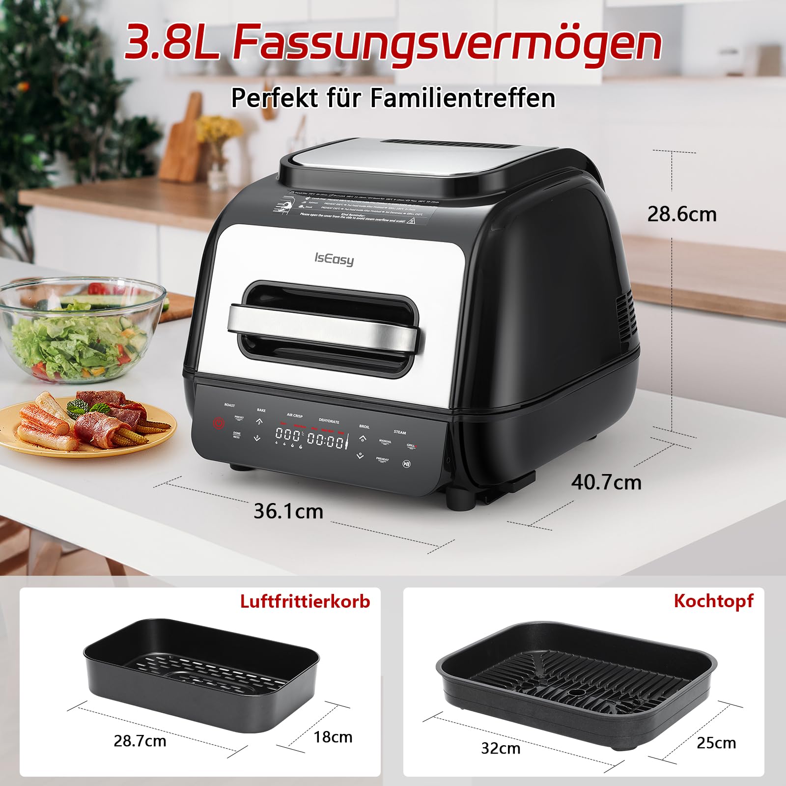 Фритюрница IsEasy с горячим воздухом с большой кулинарной камерой 6 л 50°C - 250°C Сенсорная Функция приготовления 7 кулинарных функций Безопасно для мытья в посудомоечной машине Серебро, фото №6