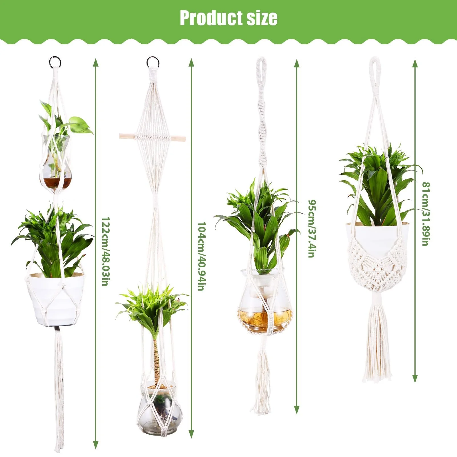 Набор подвесных корзин 4 шт. плетеных из хлопковой веревки в стиле бохо с крючками, фото №2