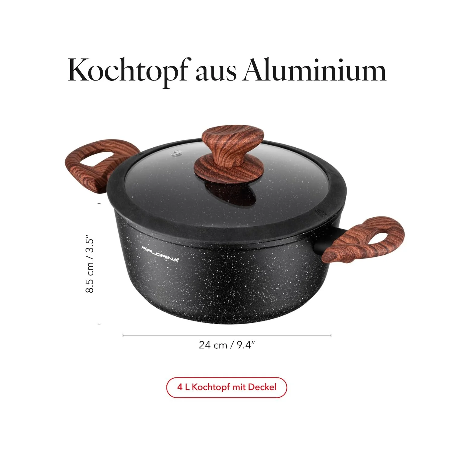 Кастрюля FLORINA Master Black Алюминий 24 см 4 л с антипригарным покрытием для всех типов плит, включая индукционные, эргономичная ручка Soft Touch, крышка с силиконовым ободком, термостойкая, легко моется, фото №3 Кастрюля FLORINA Master Black Алюминий 24 см 4 л с антипригарным покрытием для всех типов плит, включая индукционные, эргономичная ручка Soft Touch, крышка с силиконовым ободком, термостойкая, легко моется, фото №3