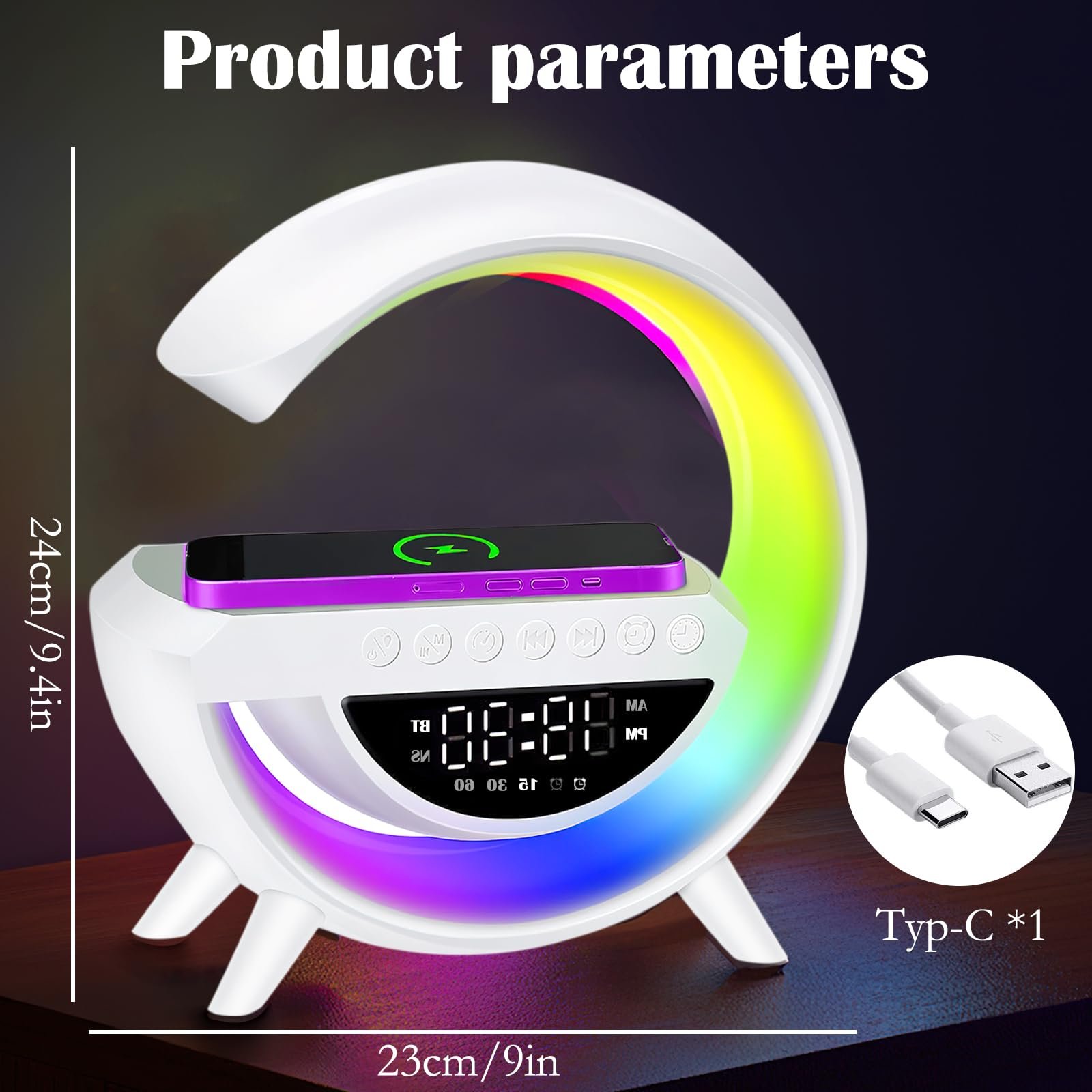 Настільна лампа LED Bedside Lamp Intelligent Light Alarm Clock 15 Вт RGB Bluetooth White, фото №3