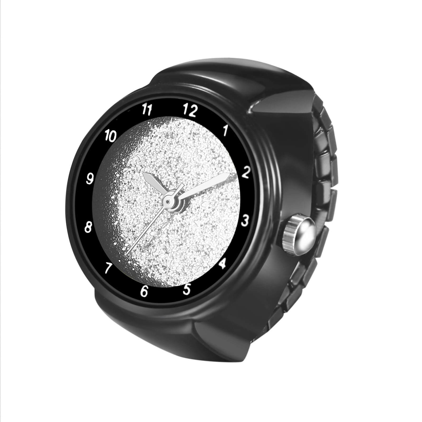 Женские часы-кольцо JewelryWe Эластичные, Черный, Аналоговый, Кварцевый, Ремешок из нержавеющей стали, Унисекс, Арабская шкала, Матовый циферблат, фото №1