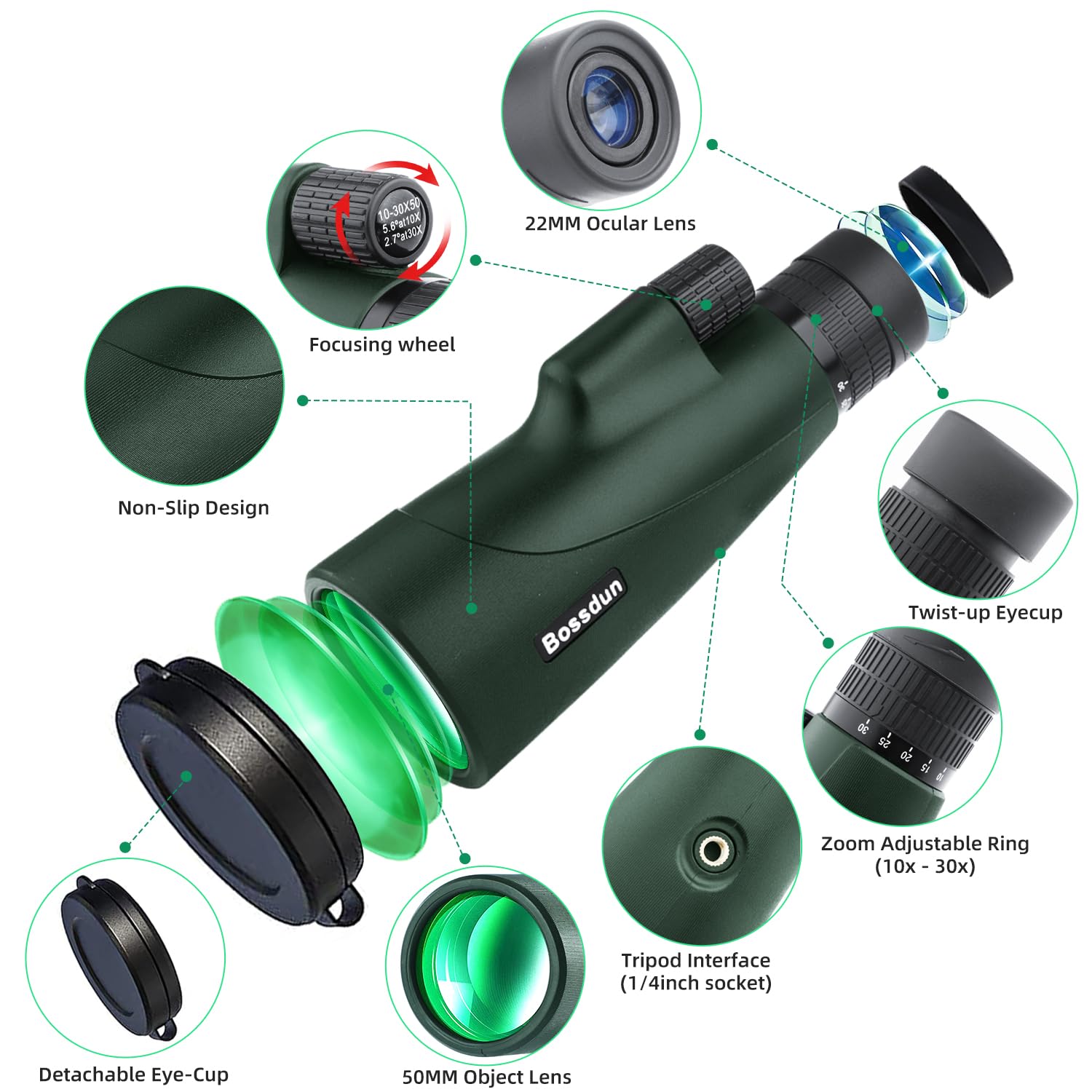 Монокуляр HD 10-30x50 BAK-4 Prism Zoom Focus Зелений, фото №3