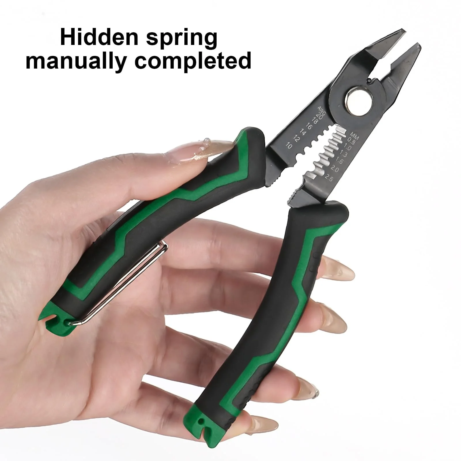 Бокорезы и стриппер 3-в-1 20-10 AWG с скрытой пружиной зеленые, фото №5