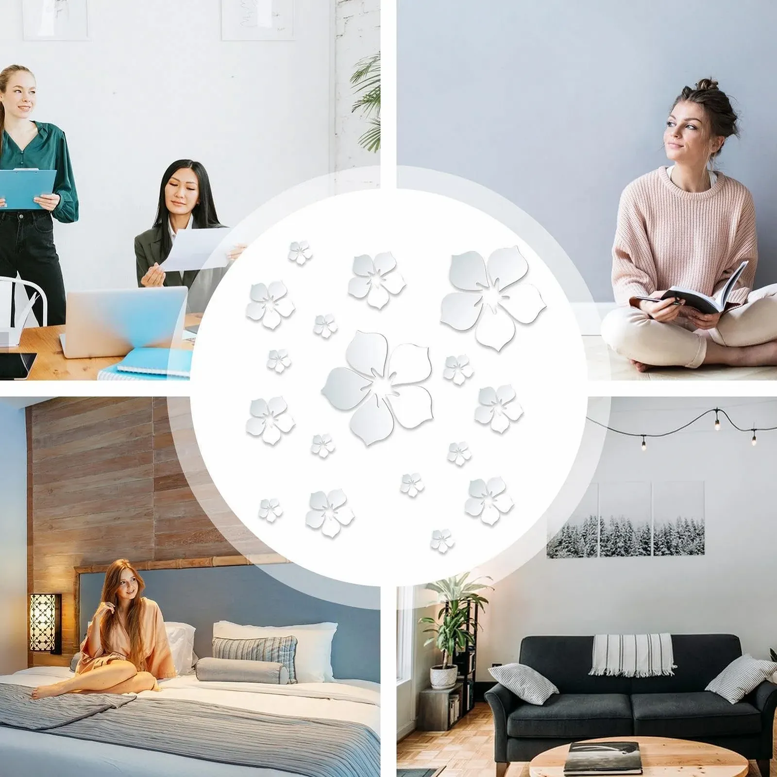 Наклейки на стіну Flower Mirror Квіткове дзеркало самоклеючі 18 шт. Creative Mirror Stickers, фото №4