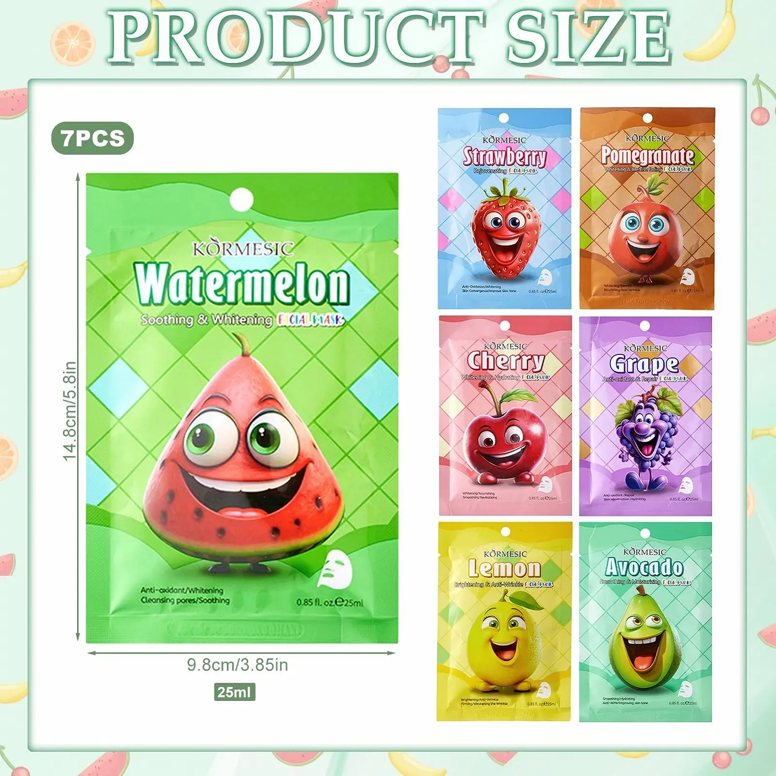 Тканинна маска для обличчя з гіалуроновою кислотою та вітаміном C, фруктовим екстрактом, набір з 7 штук, фото №7