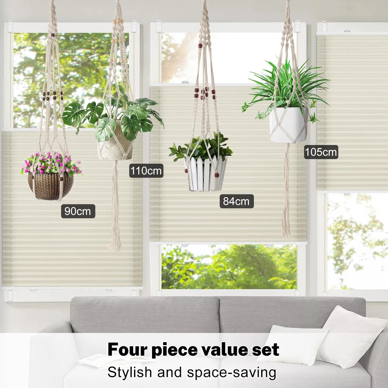 Подвесное кашпо макраме Набор 4 шт. Хлопковое ручной работы Бежевый, фото №3