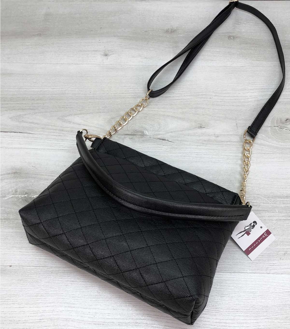 Жіноча чорна сумка на плече з довгим і коротким ременем, з ланцюжком, фото №5