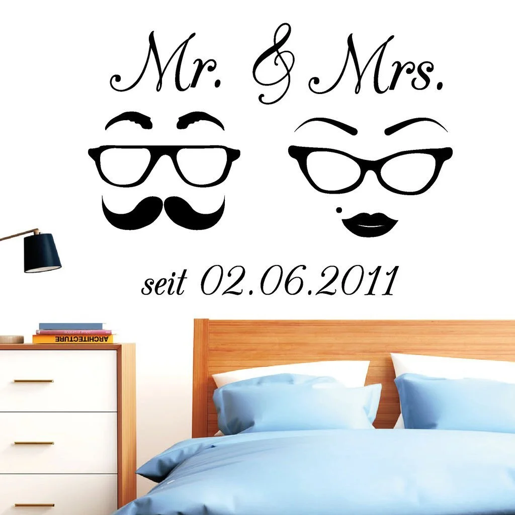 Наклейка на стену Mr & Mrs Усы очки и дата Лофт Свадебный подарок 54 цвета 3 размера, фото №3
