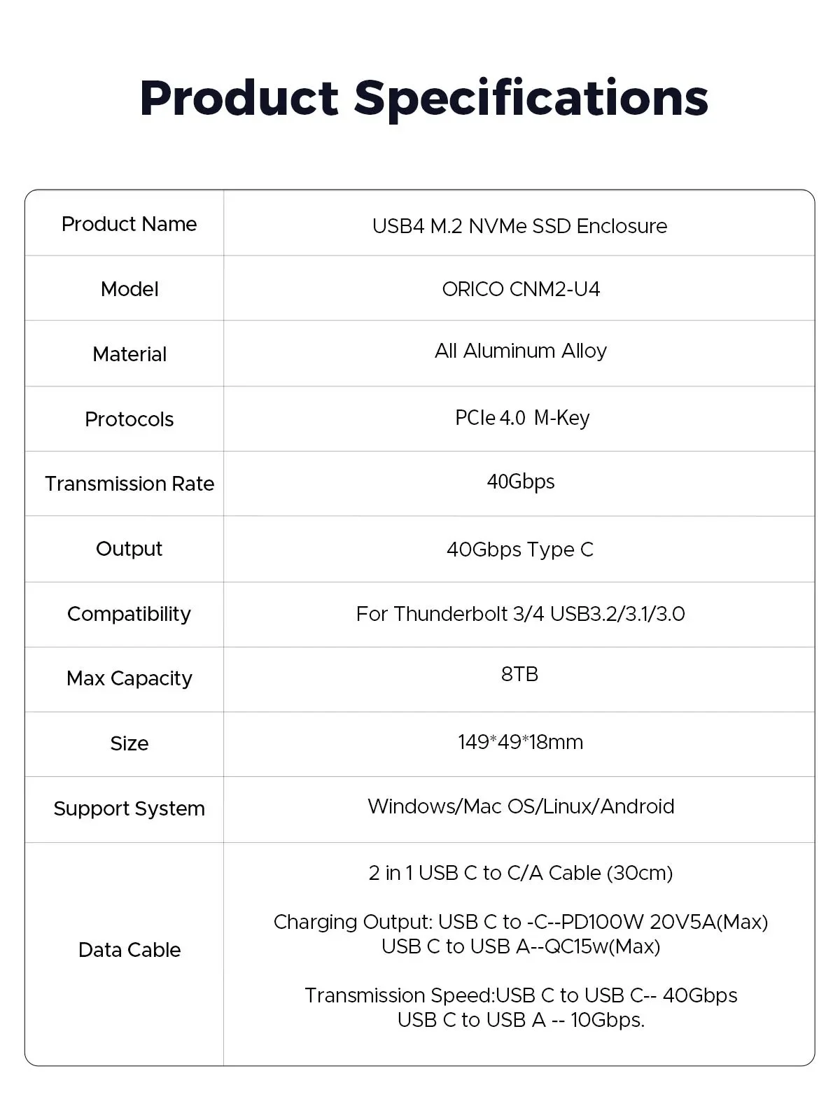 Внешний карман ORICO CNM2-U4 40Gbps M.2 NVMe SSD to USB4, Thunderbolt 4 Grey, фото №15 Внешний карман ORICO CNM2-U4 40Gbps M.2 NVMe SSD to USB4, Thunderbolt 4 Grey, фото №15