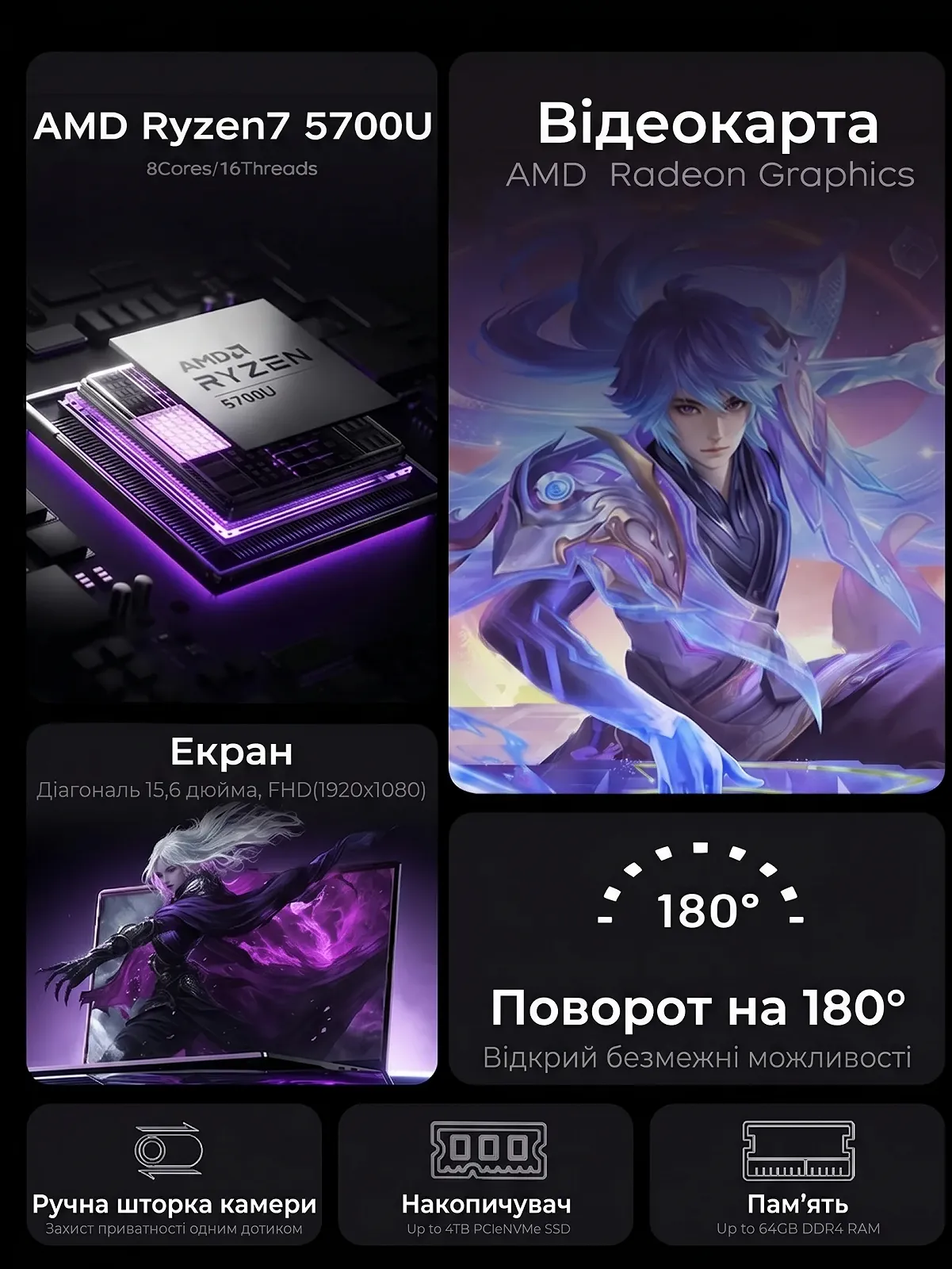 Ноутбук 15.6" ACEMAGIC LX15PRO AMD Ryzen 7 5700U RAM 16GB SSD 512GB Windows 11 Алюмінієвий корпус (UKR), фото №2