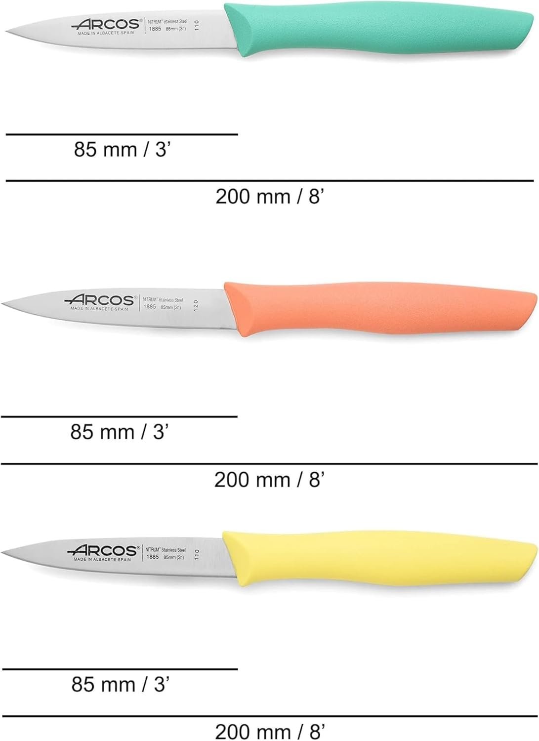 Набор кухонных ножей Arcos Nova Series 3 шт, нож для очистки фруктов и овощей, нержавеющая сталь, эргономичная полипропиленовая рукоятка, оранжевый, желтый, синий, фото №2