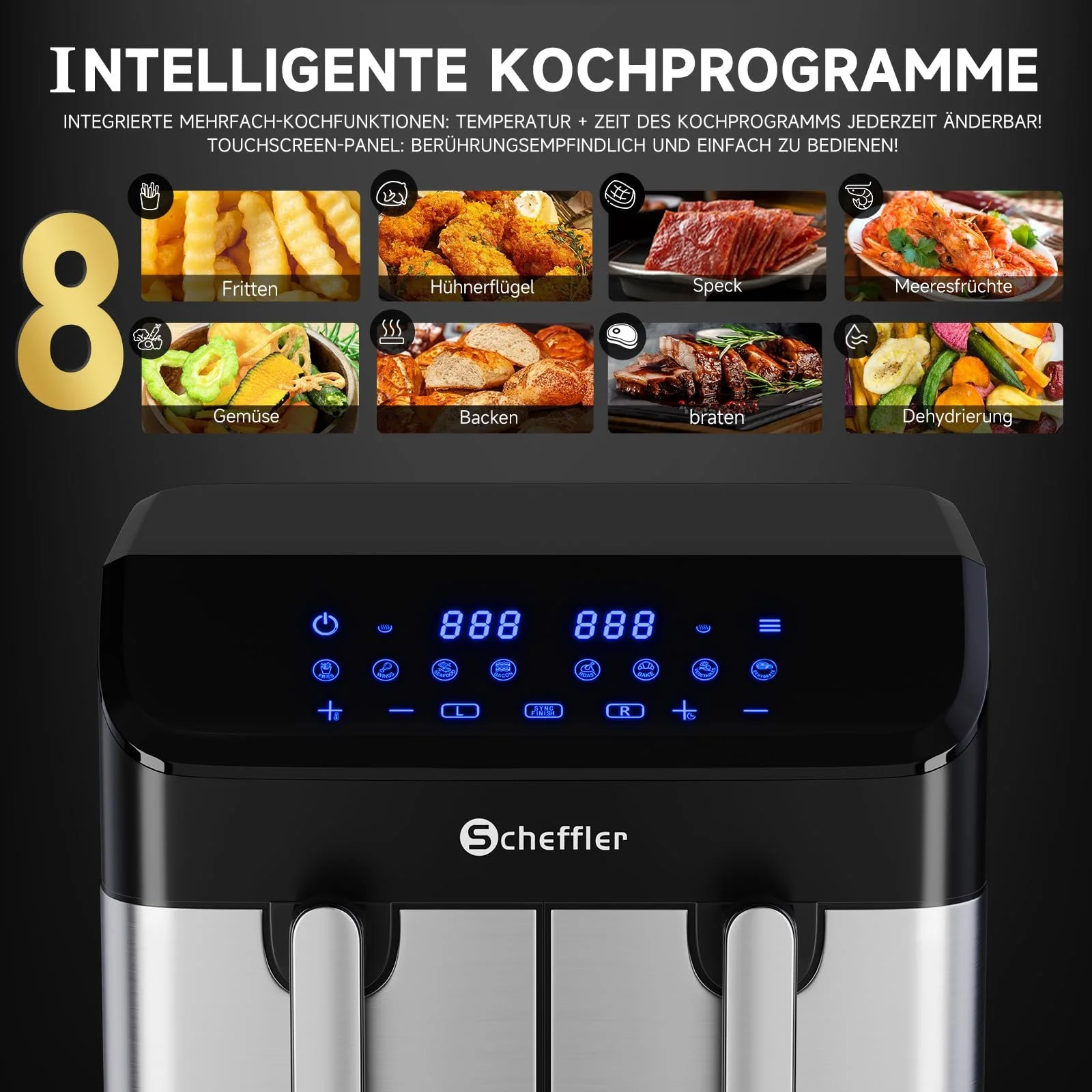 Мультипіч Scheffler 2 камери 9 л (2 x 4.5 л) 2000 Вт Dual Cook & Sync Finish 8 програм Сенсорний екран XXL, фото №3 Мультипіч Scheffler 2 камери 9 л (2 x 4.5 л) 2000 Вт Dual Cook & Sync Finish 8 програм Сенсорний екран XXL, фото №3