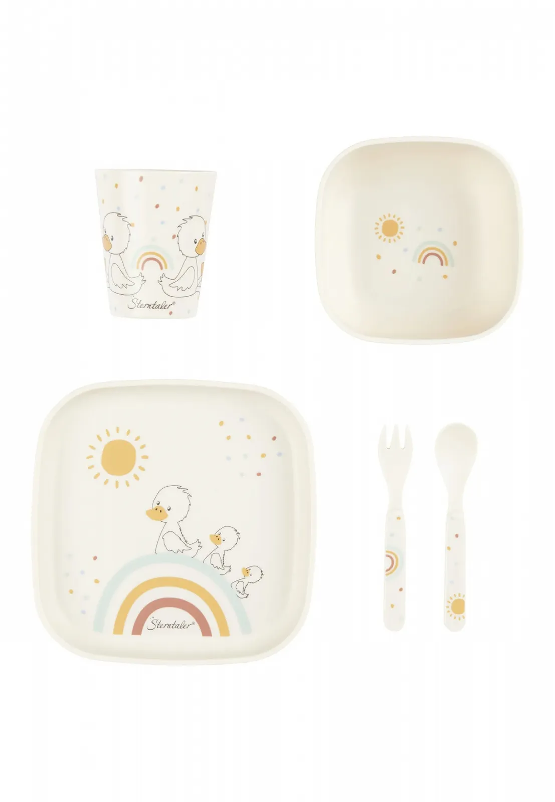 Набір посуду Sterntaler Edda Lou Duck Ecru з 5 предметів: чашка, квадратна тарілка, квадратна миска для каші, ложка та виделка, фото №1 Набір посуду Sterntaler Edda Lou Duck Ecru з 5 предметів: чашка, квадратна тарілка, квадратна миска для каші, ложка та виделка, фото №1