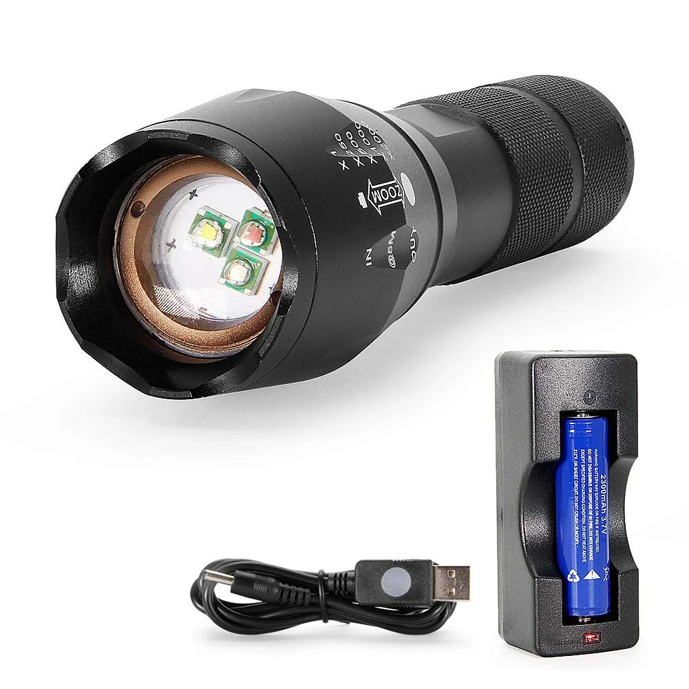 Ліхтар 3-колірний (червоний, зелений, білий) LED Інтегрований Водонепроникний з регульованим фокусом з акумулятором 2200 мАг та USB зарядним пристроєм для риболовлі, походів, кемпінгу, фото №1