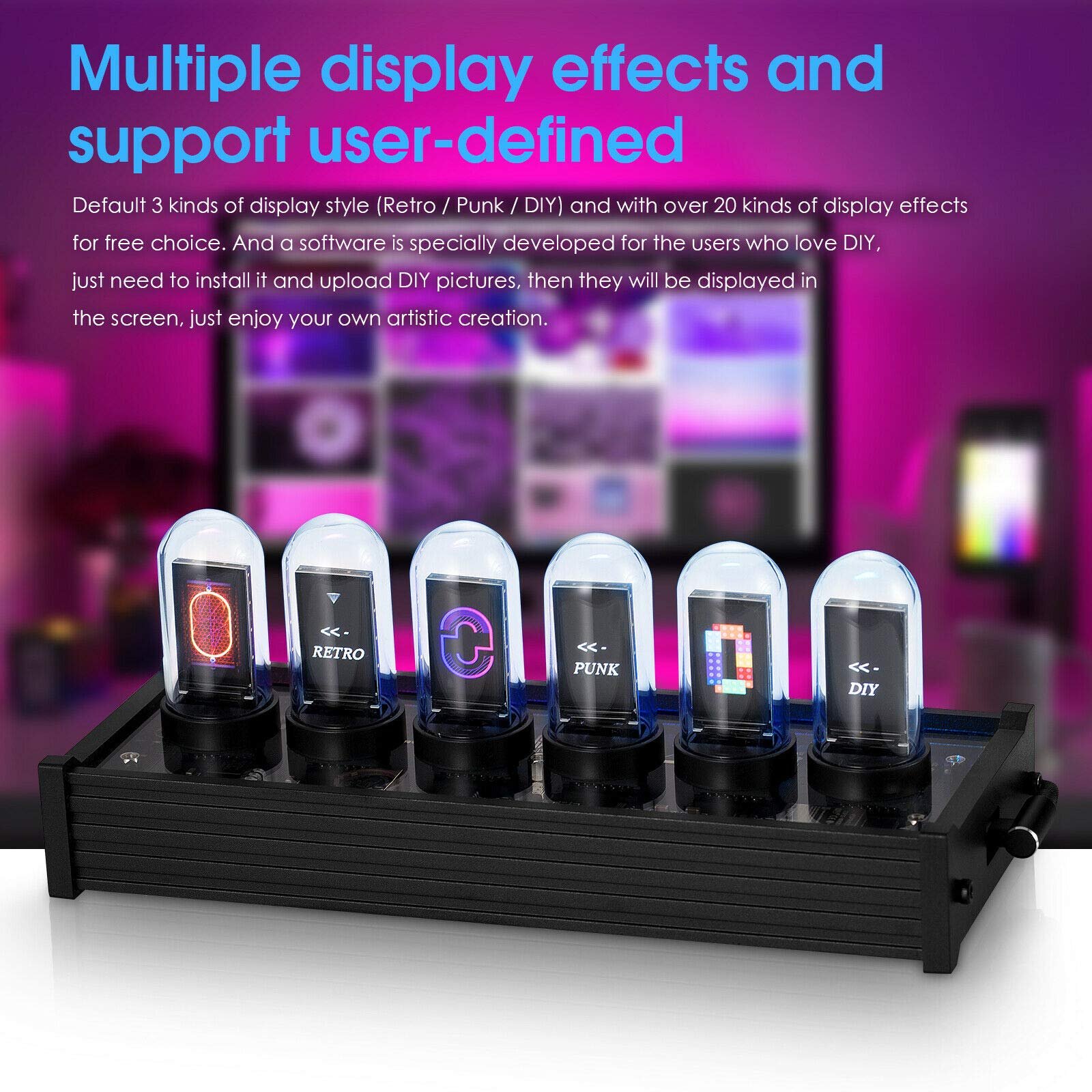 Цифровий годинник IPS Tube EleksTube Modern Великий дисплей Керування з ПК DIY Домашній декор Ретро Вінтажний годинник LED Чорний, фото №5