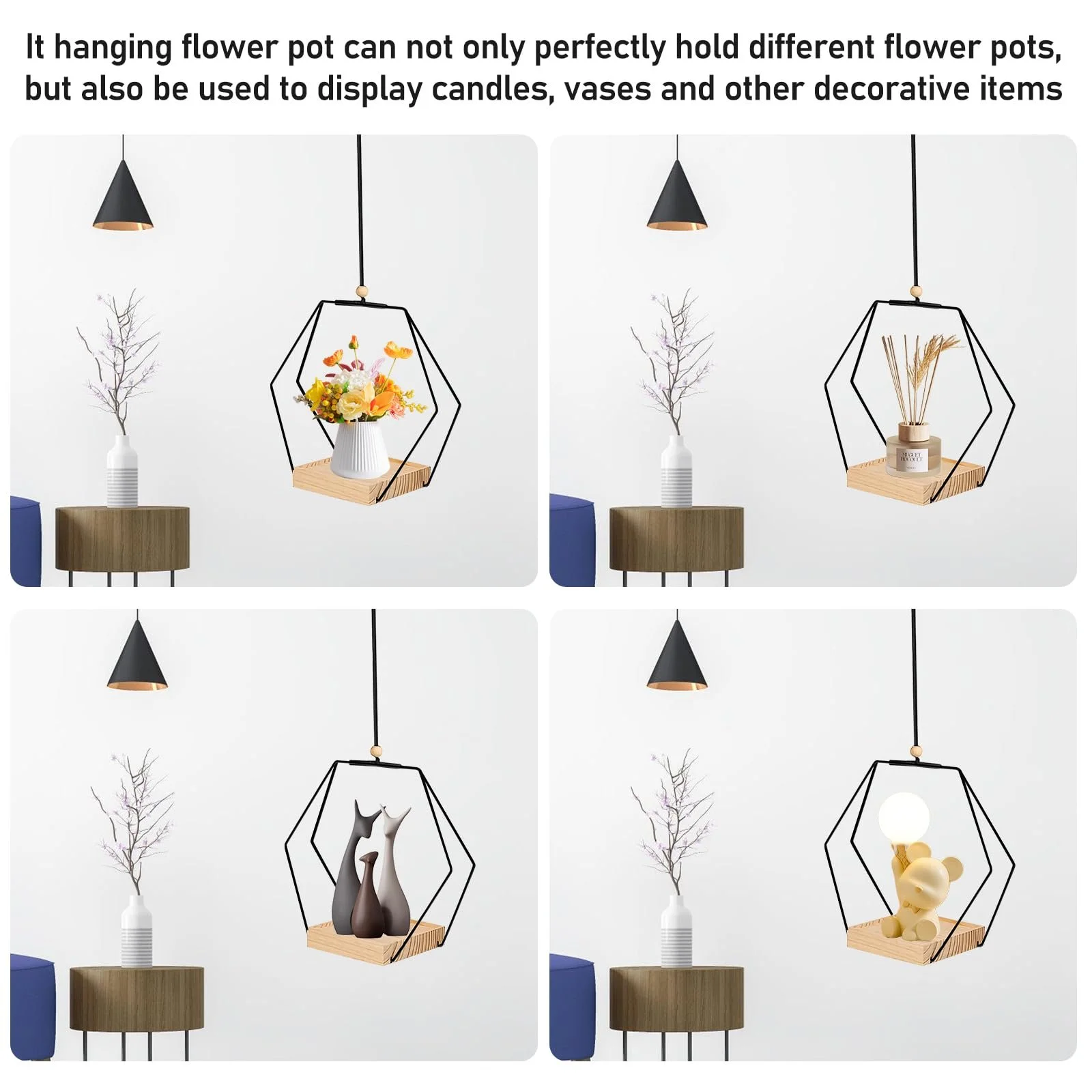 Подвесные корзины набор 3 шт. металлическое кольцо деревянное основание Бохо черные, фото №5