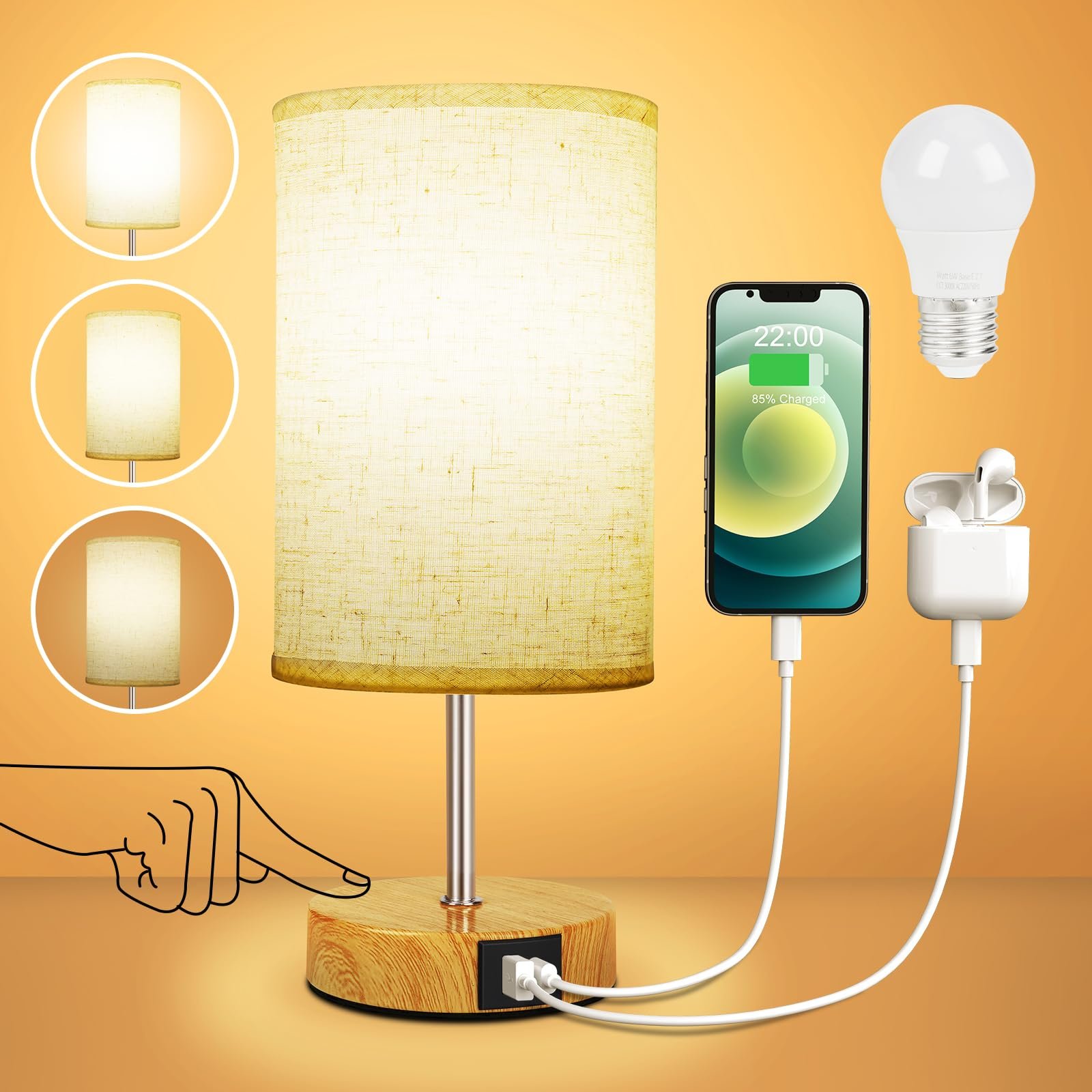 Настільна лампа Suright Bedside Lamp Touch Dimmable USB A+C Wooden Base LED Bulb Linen, фото №1