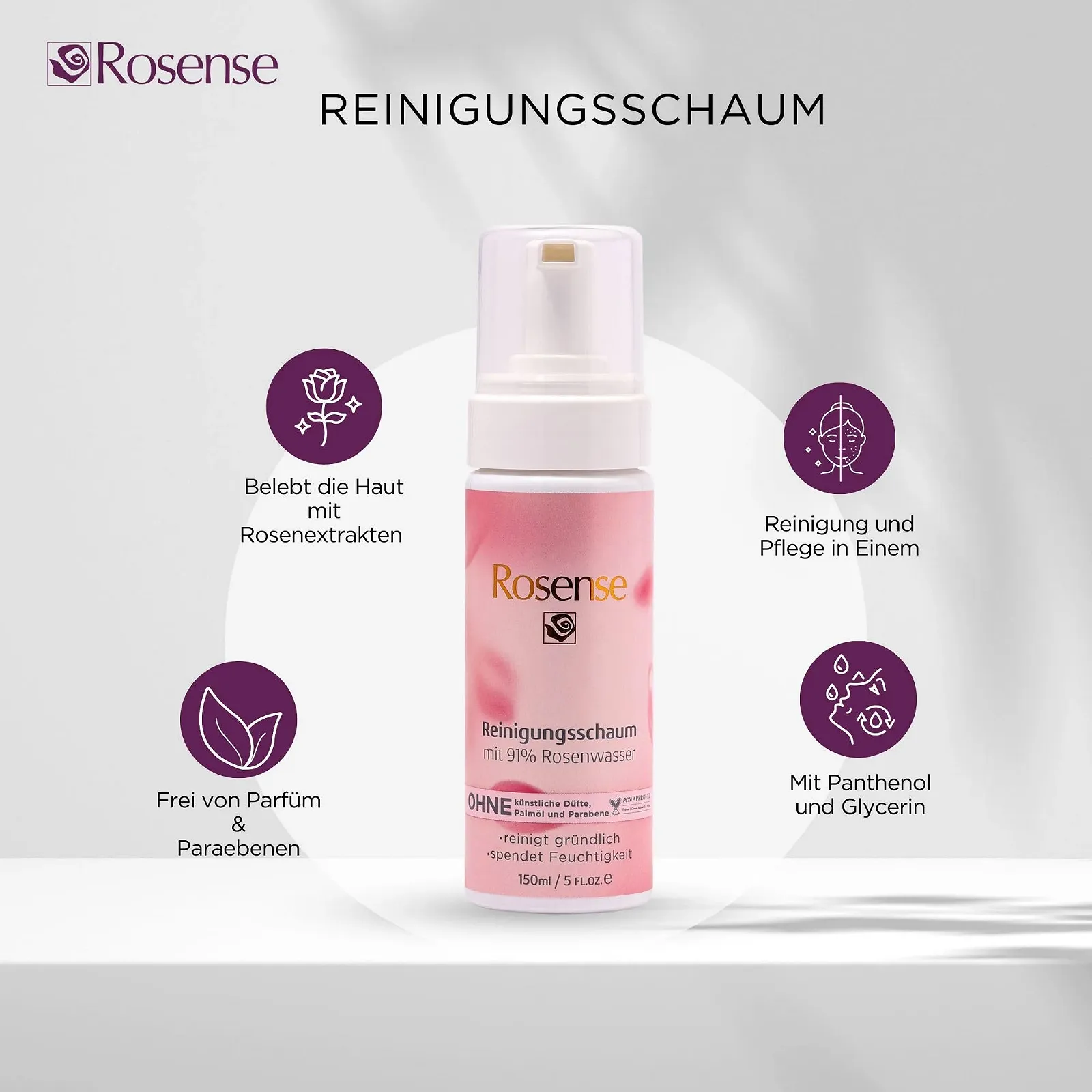 Пенка для умывания Rosense Увлажняющее очищение лица с 91% натуральной розовой водой, веганская 150 мл, фото №5