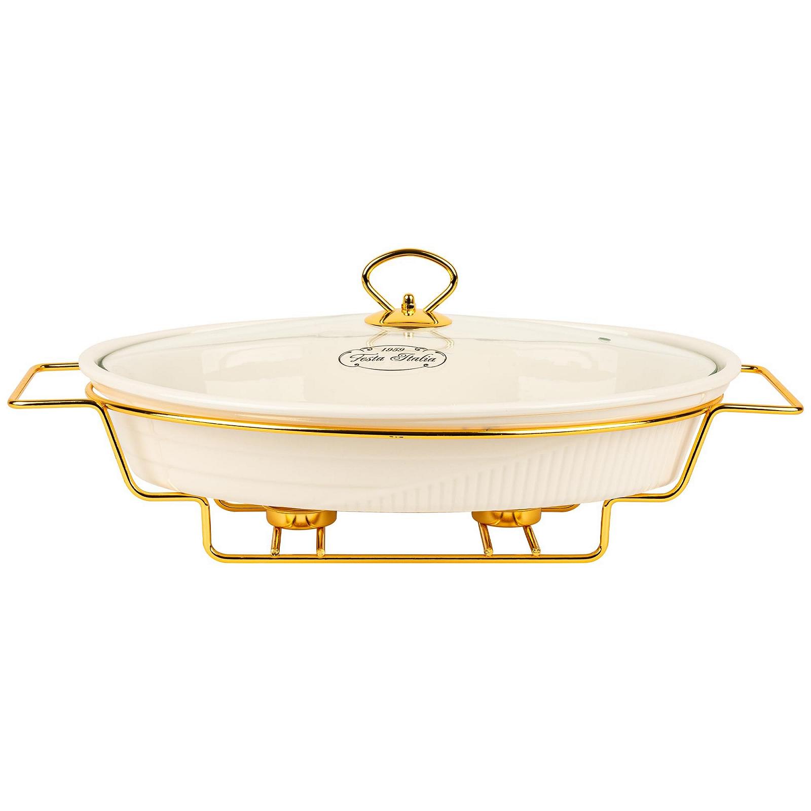 Гусятниця для запікання 2.1 L керамічна овальна з кришкою та підставкою для підігріву біла, фото №7