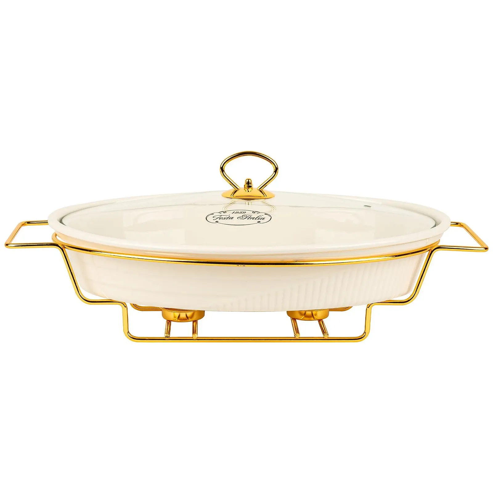 Форма для запекания 2.1 L керамическая овальная с крышкой и подставкой для подогрева белая, фото №7