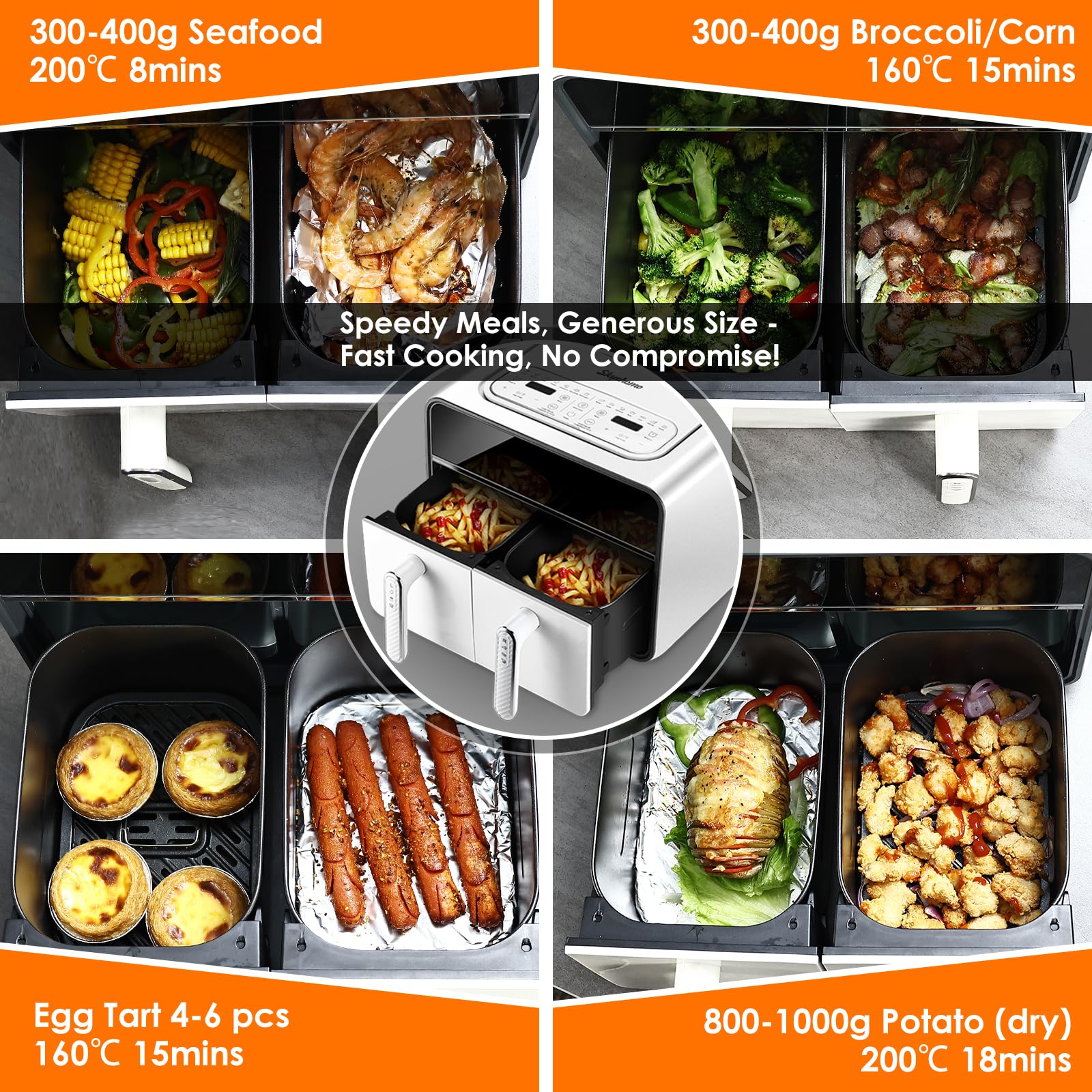 Фритюрница Skyehomo Double Chamber 2100 Вт Цифровая Dual Basket с прозрачным окном 14-в-1 LED сенсорный экран BPA-Free XXL, фото №3