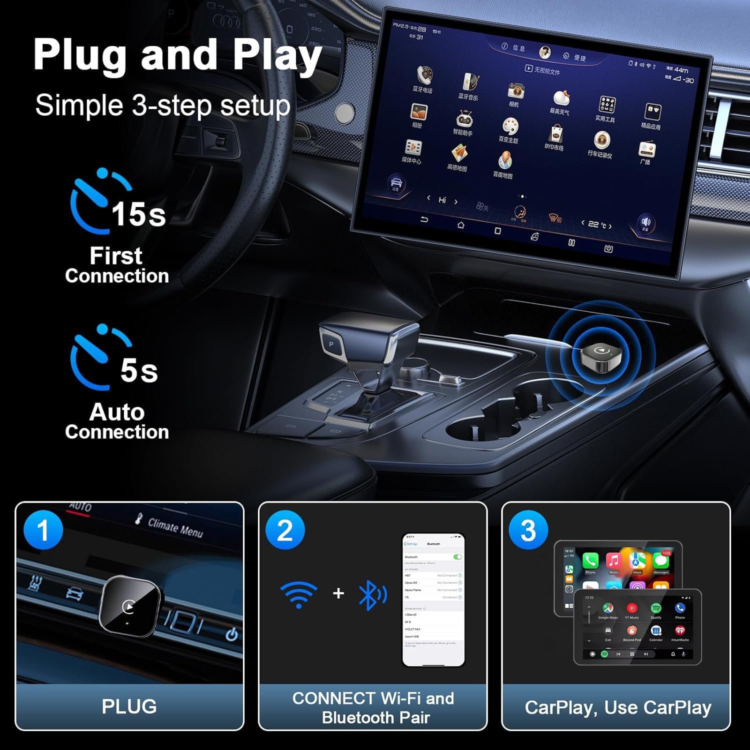 Адаптер Бездротовий PAPER MATE 2025 CarPlay/Android Auto 2-в-1 Чорний, фото №6